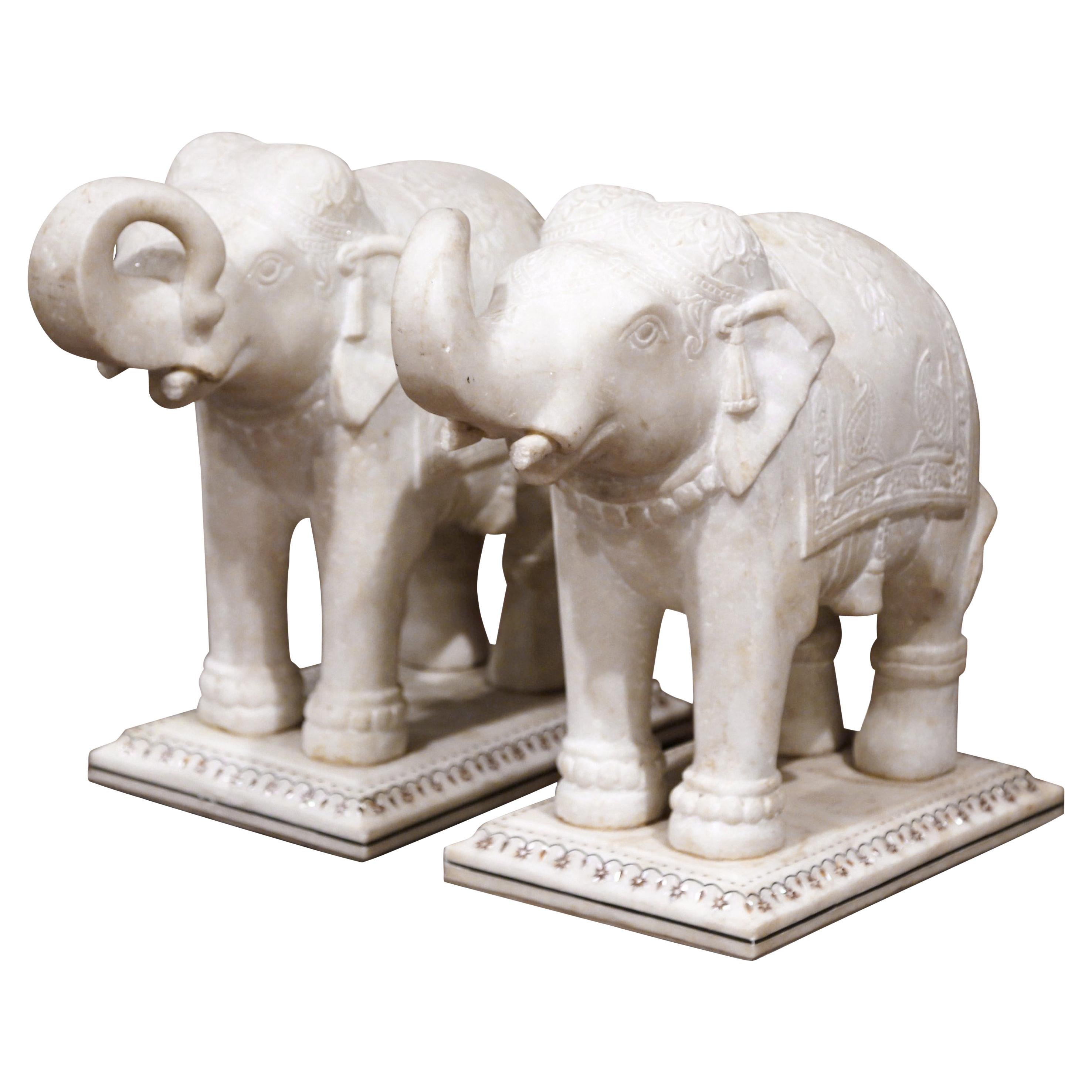 Pair of 19th Century English Carved White Marble Elephants Sculptures
