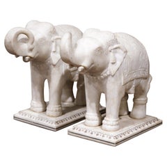 Pair of 19th Century English Carved White Marble Elephants Sculptures