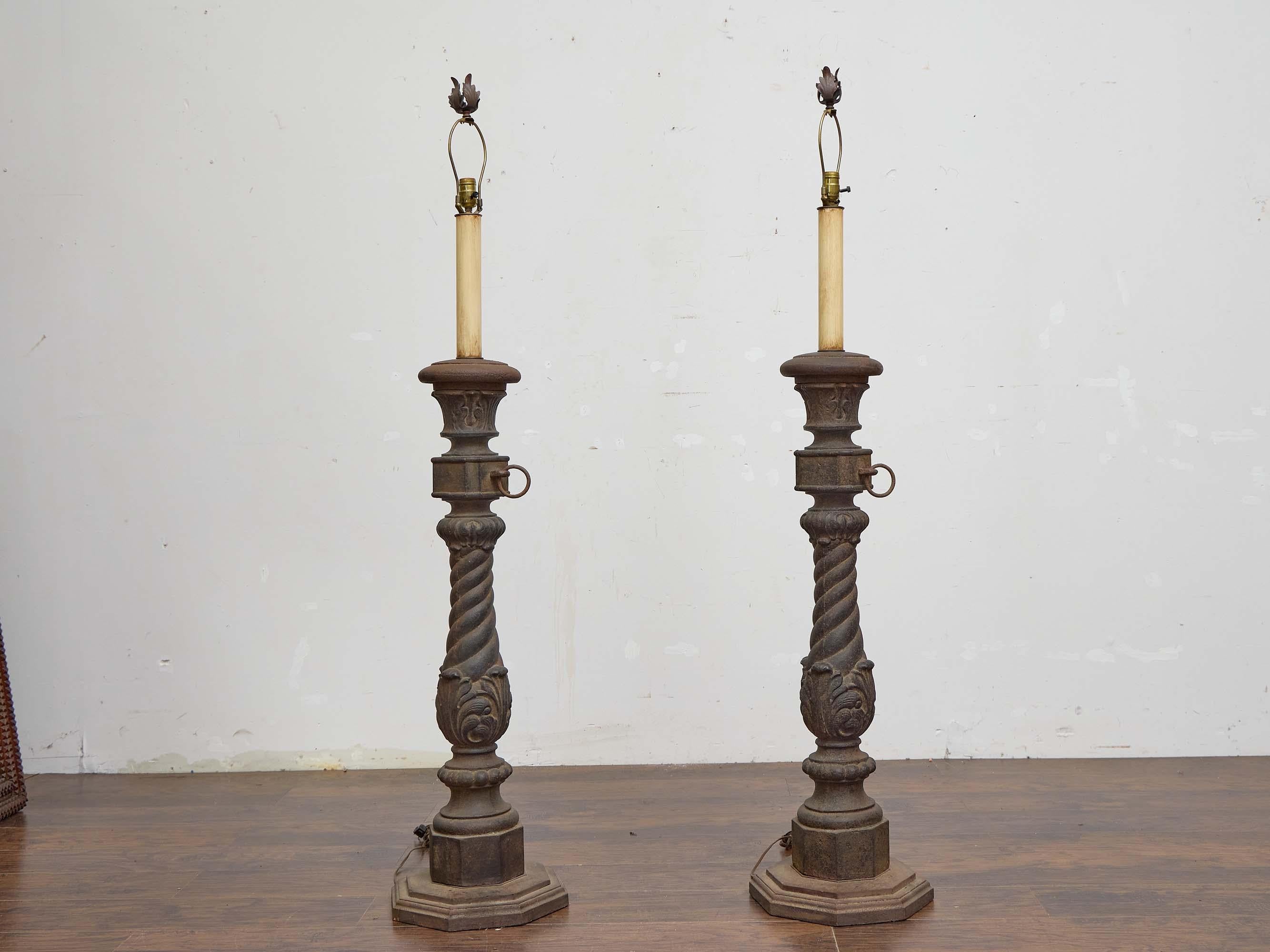 Victorian Pair of 19th Century English Cast Iron Lamps with Spiral Columns, US Wired For Sale