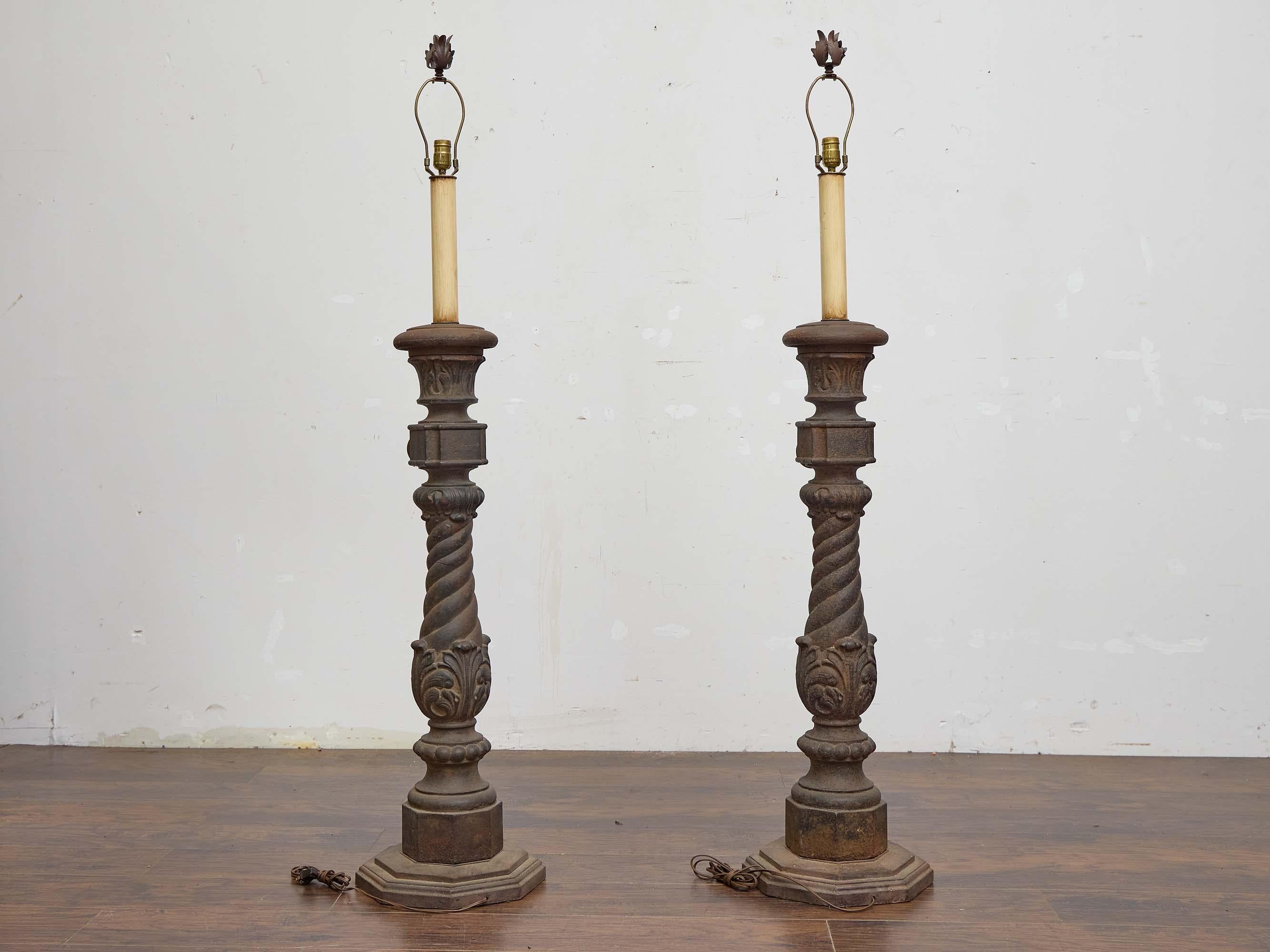 Pair of 19th Century English Cast Iron Lamps with Spiral Columns, US Wired For Sale 1