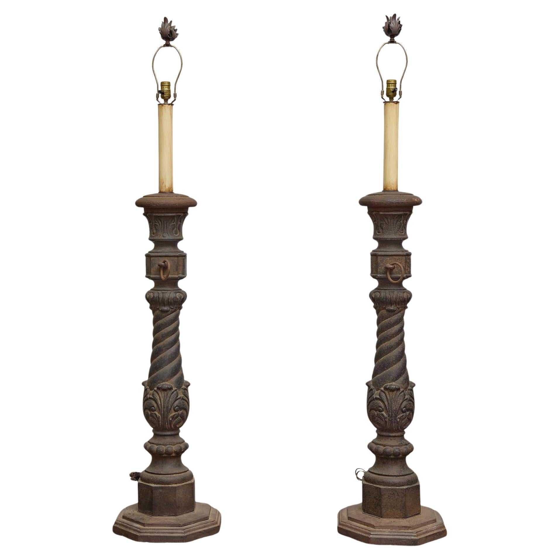 Pair of 19th Century English Cast Iron Lamps with Spiral Columns, US Wired For Sale