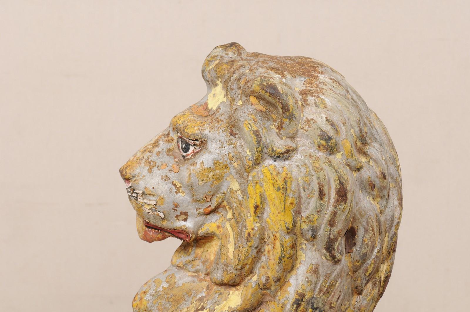 Metal Pair of 19th Century English Cast-Iron Lion Statues, 3.5 Ft Tall 
