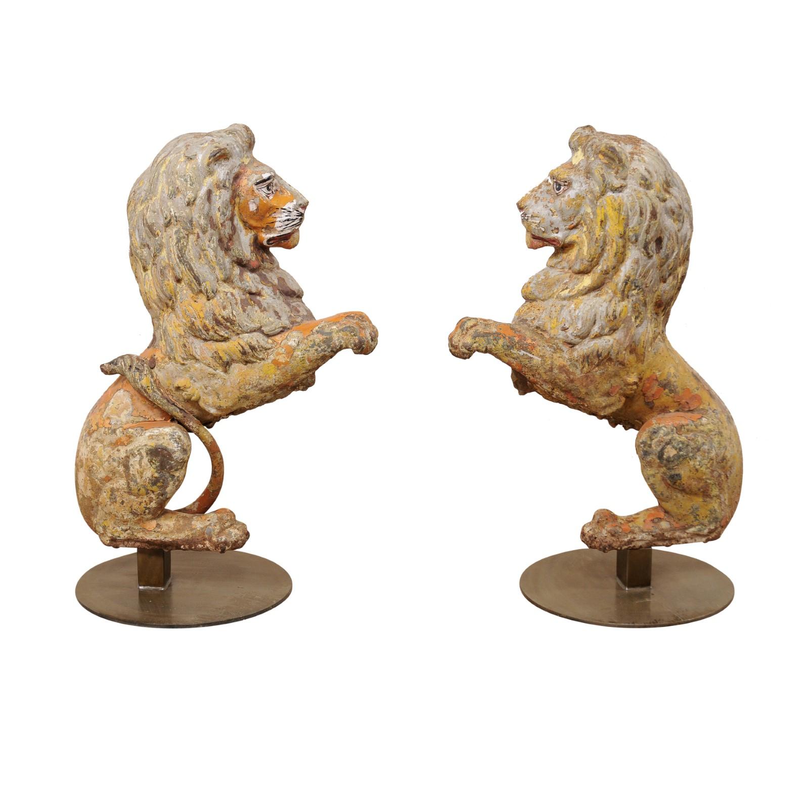 Pair of 19th Century English Cast-Iron Lion Statues, 3.5 Ft Tall 