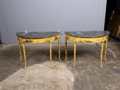 Pair of 19th Century English Chinoiserie Demi-Lune Tables with Grey Marble Tops
