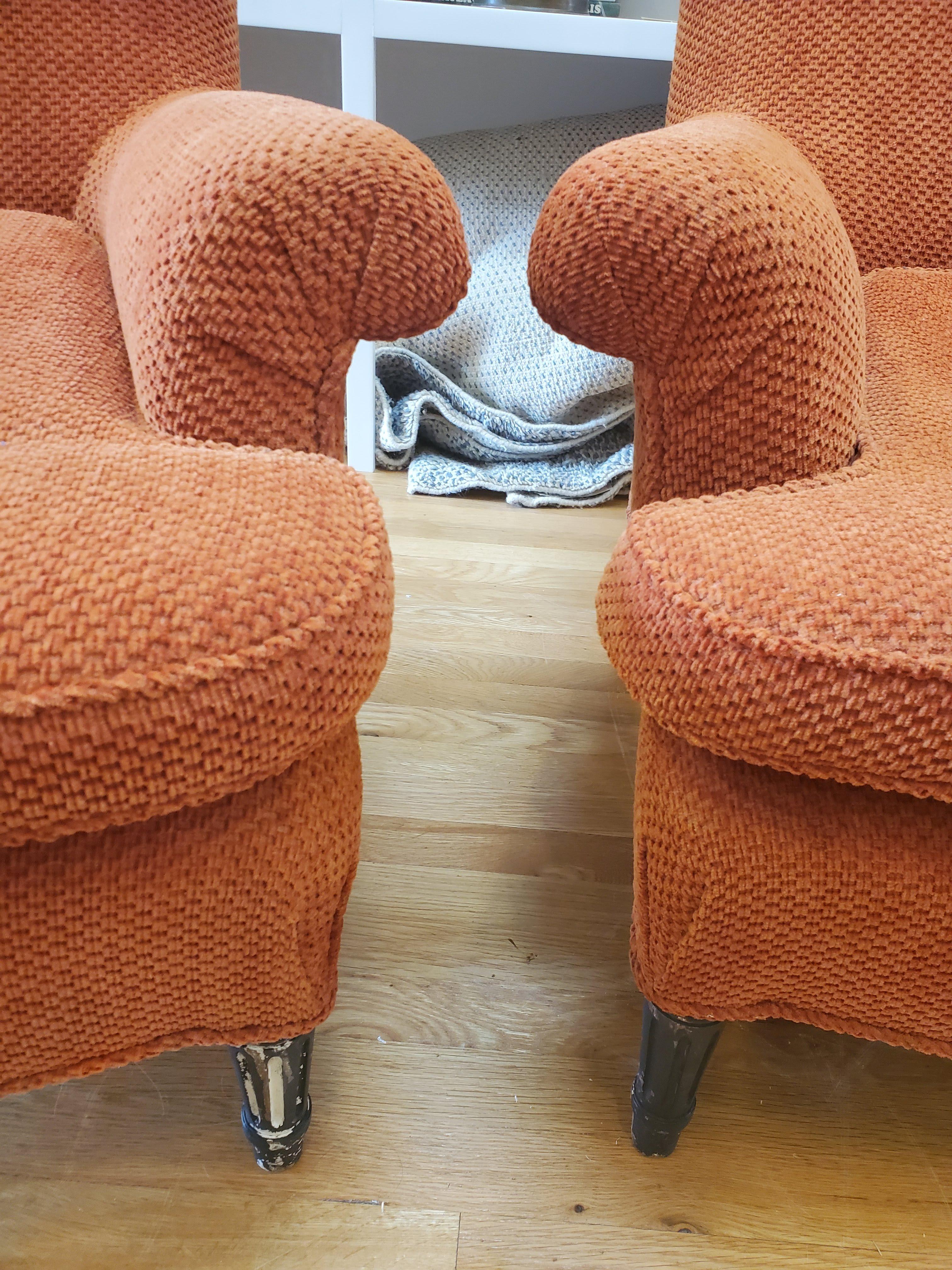 Pair of 19th Century English Club Chairs with Orange Chenille Upholstery For Sale 11