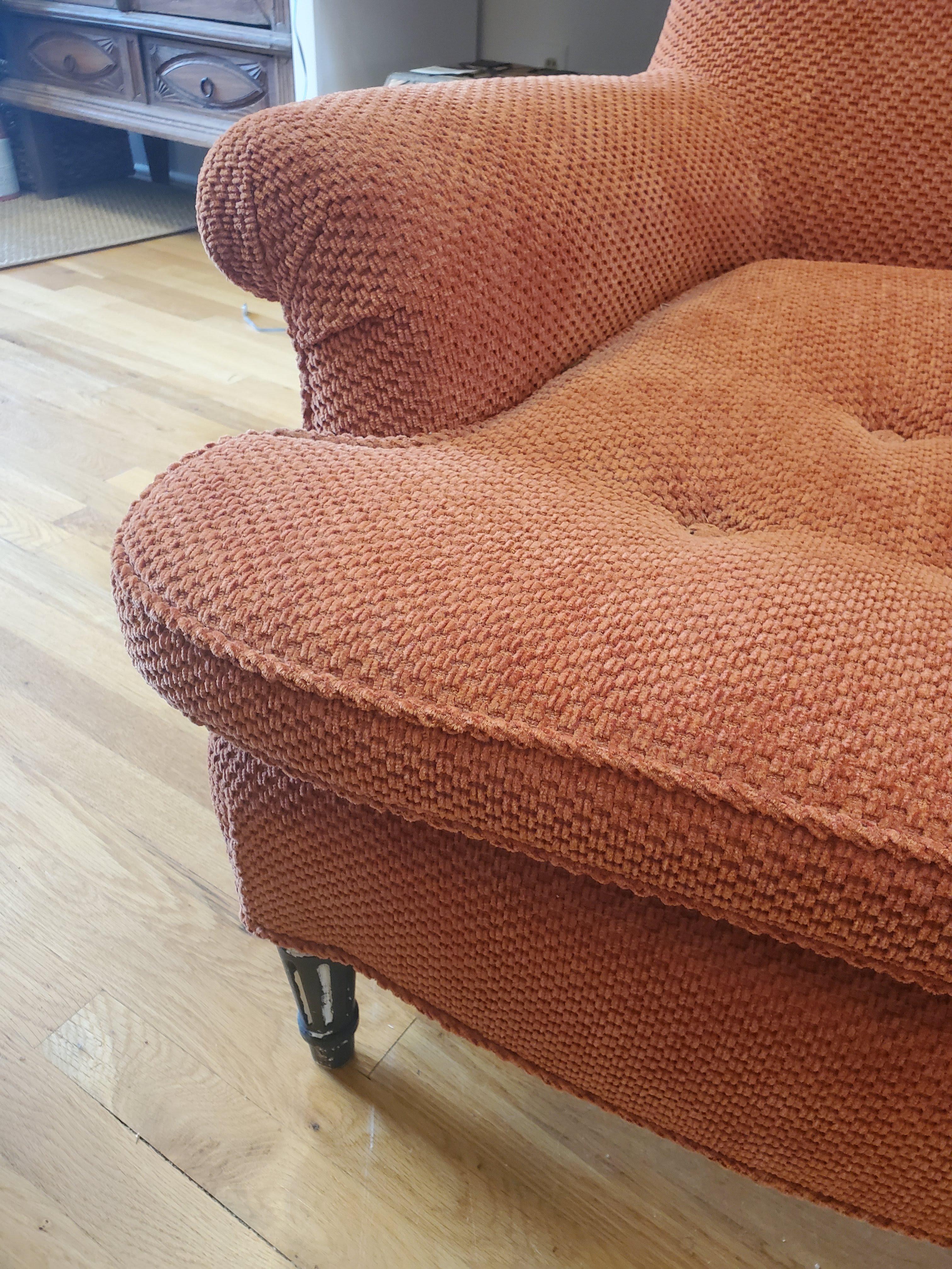 Pair of 19th Century English Club Chairs with Orange Chenille Upholstery For Sale 13
