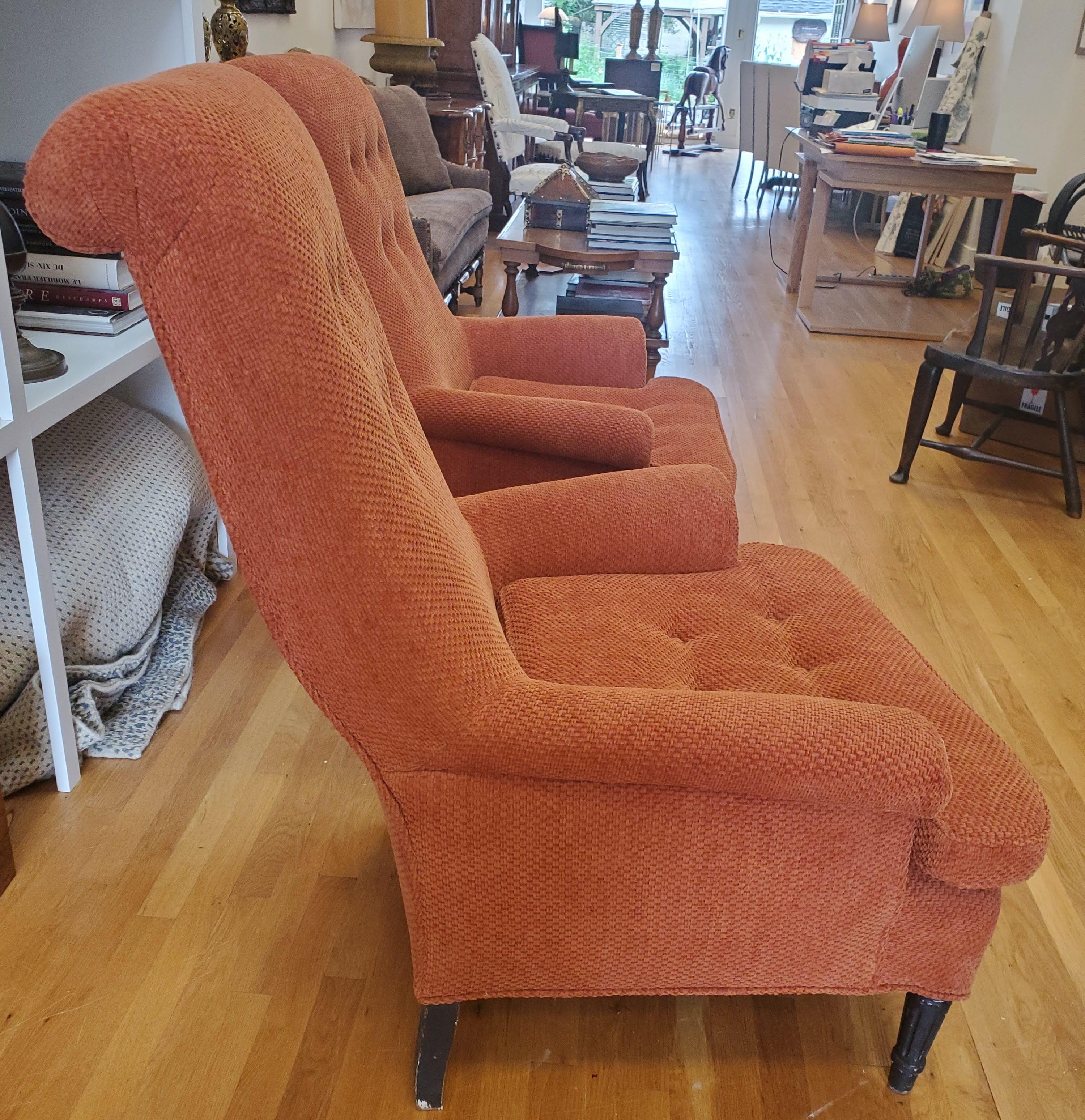 Pair of 19th Century English Club Chairs with Orange Chenille Upholstery For Sale 1