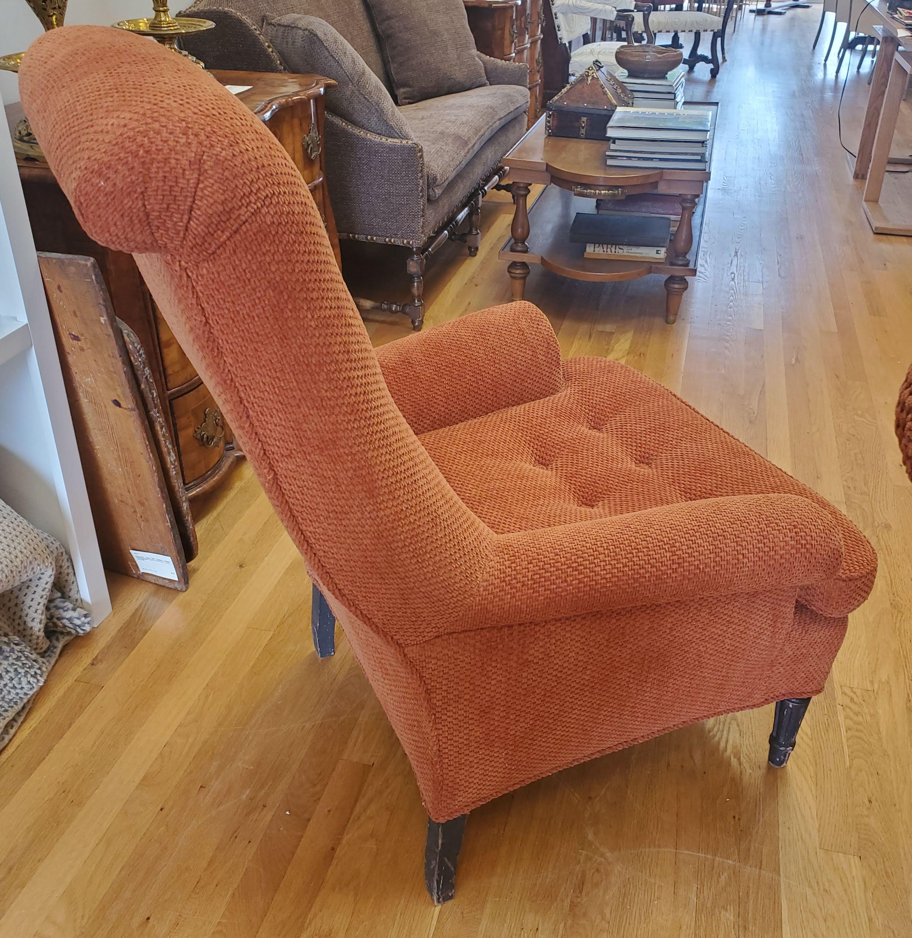 Pair of 19th Century English Club Chairs with Orange Chenille Upholstery For Sale 2