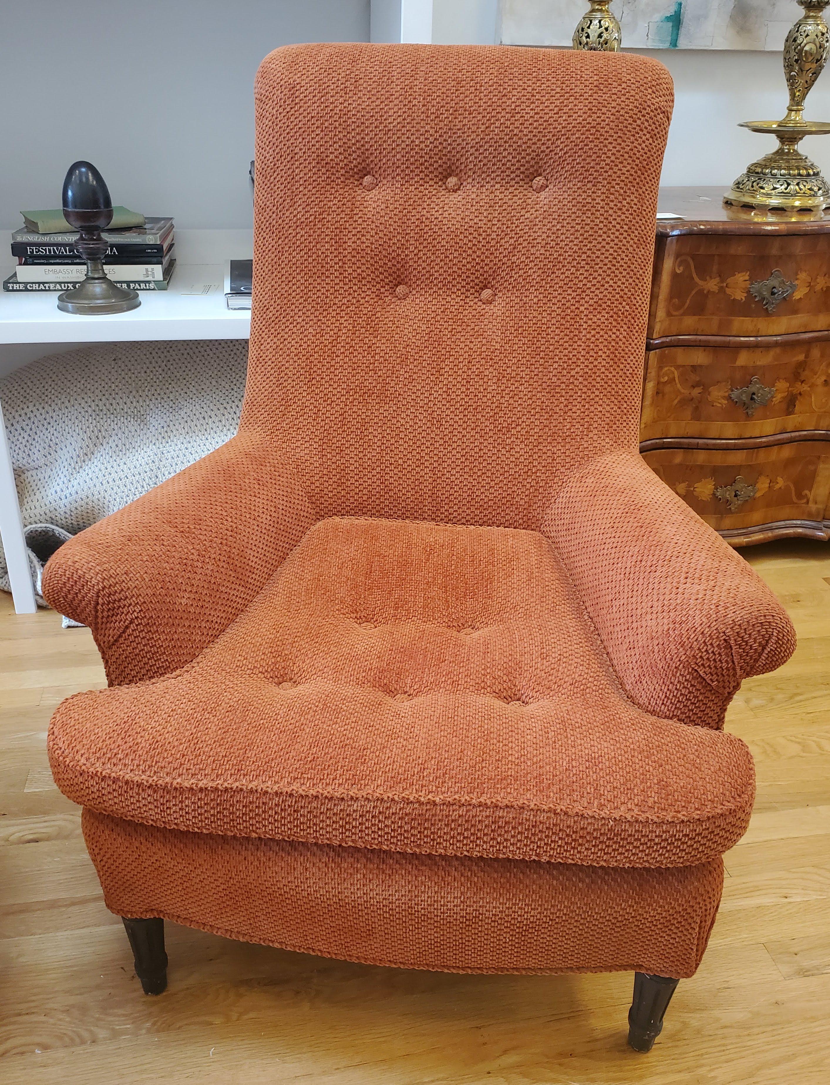 Pair of 19th Century English Club Chairs with Orange Chenille Upholstery For Sale 3