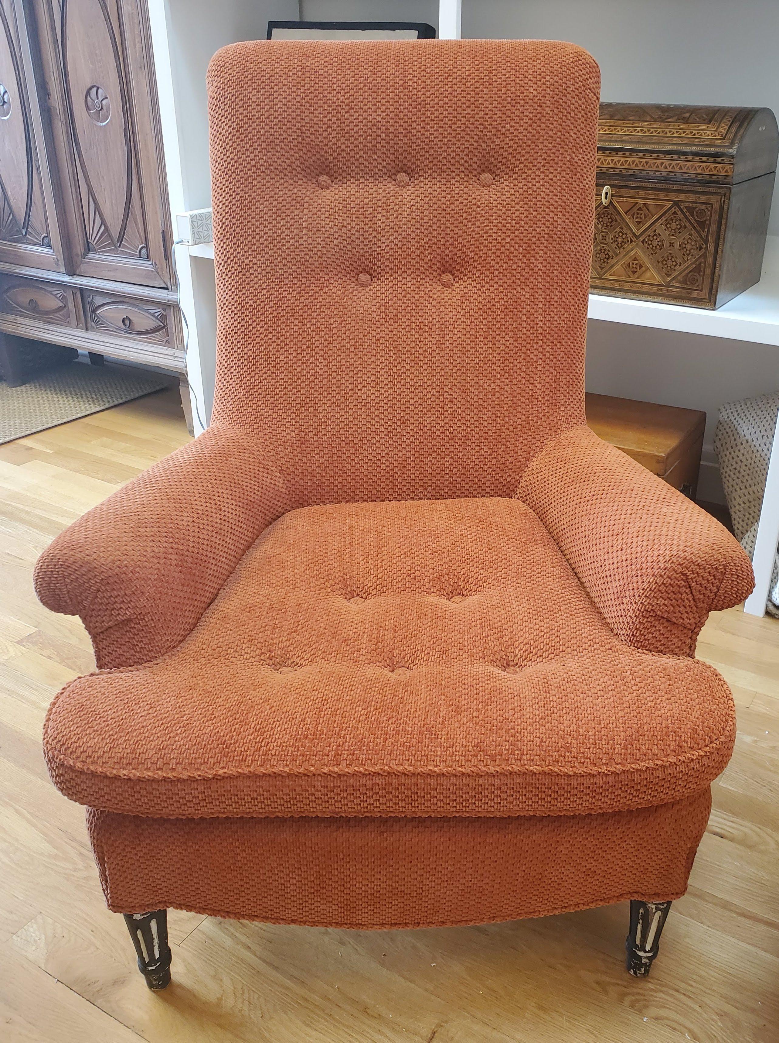 Pair of 19th Century English Club Chairs with Orange Chenille Upholstery For Sale 4