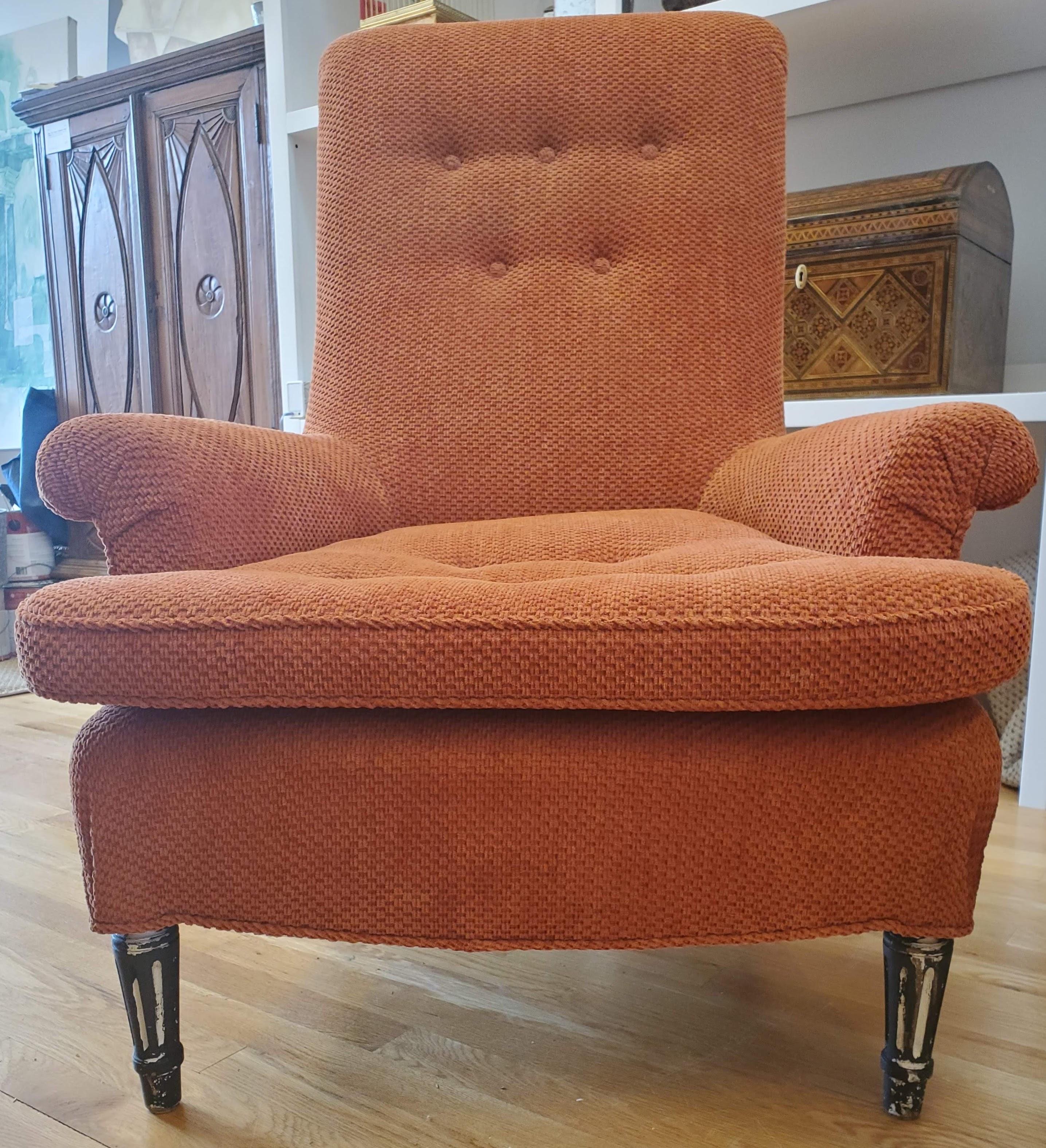 Pair of 19th Century English Club Chairs with Orange Chenille Upholstery For Sale 5