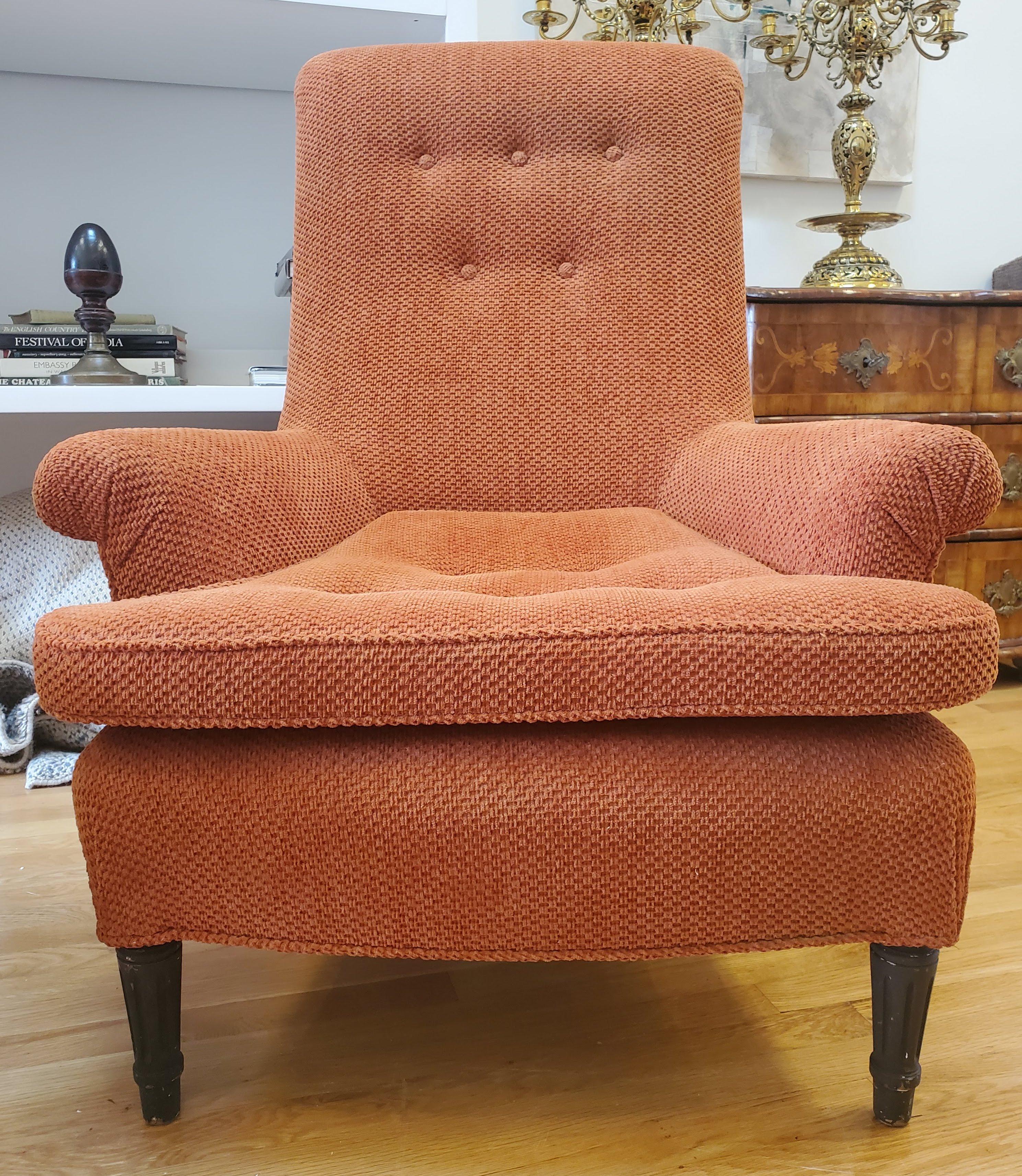 Pair of 19th Century English Club Chairs with Orange Chenille Upholstery For Sale 6