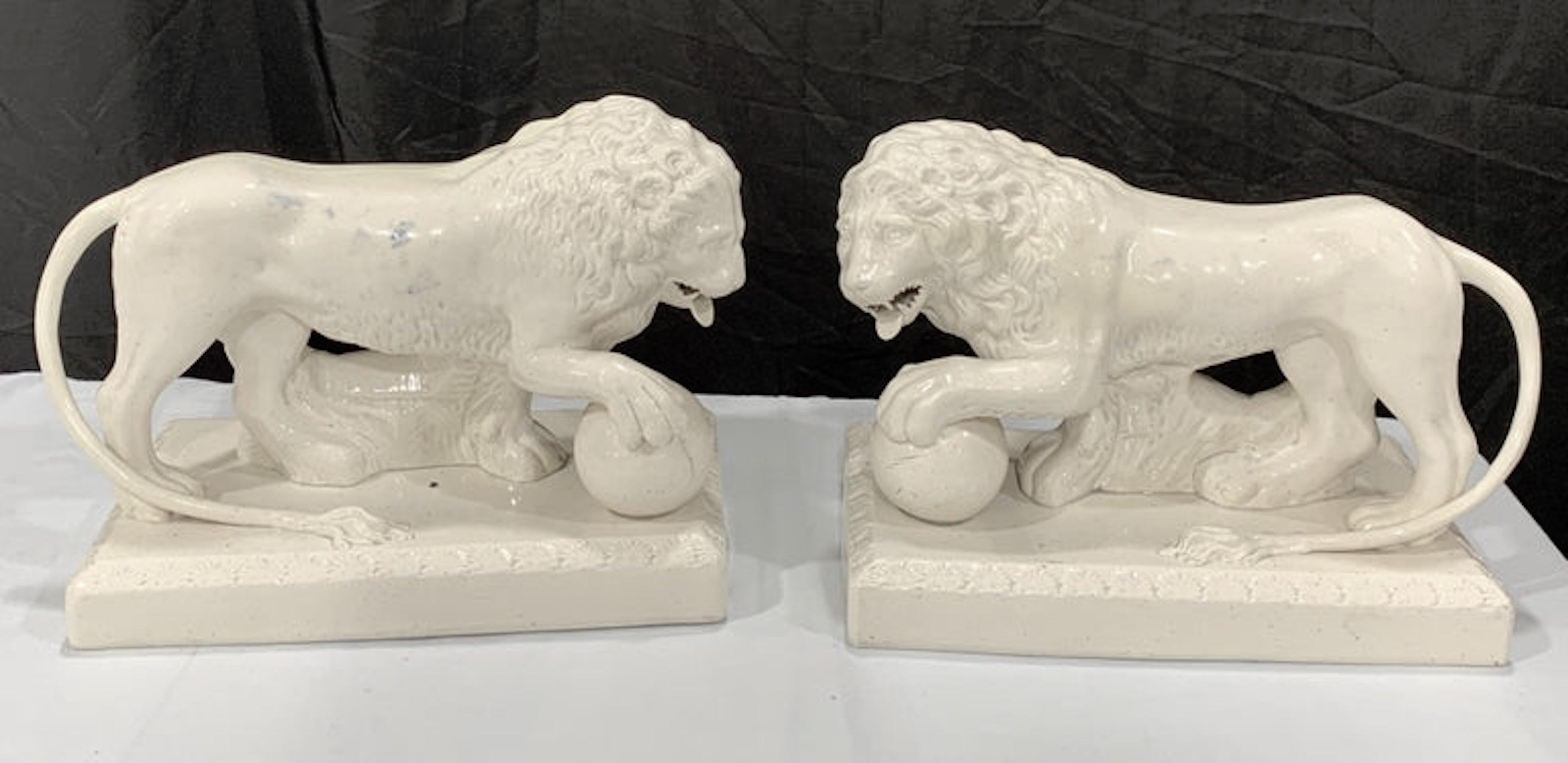 Pair of 19th century English creamware/pearlware model of the Medici Lions
A rare find, structurally sound, have some firing inclusions. Unmarked.