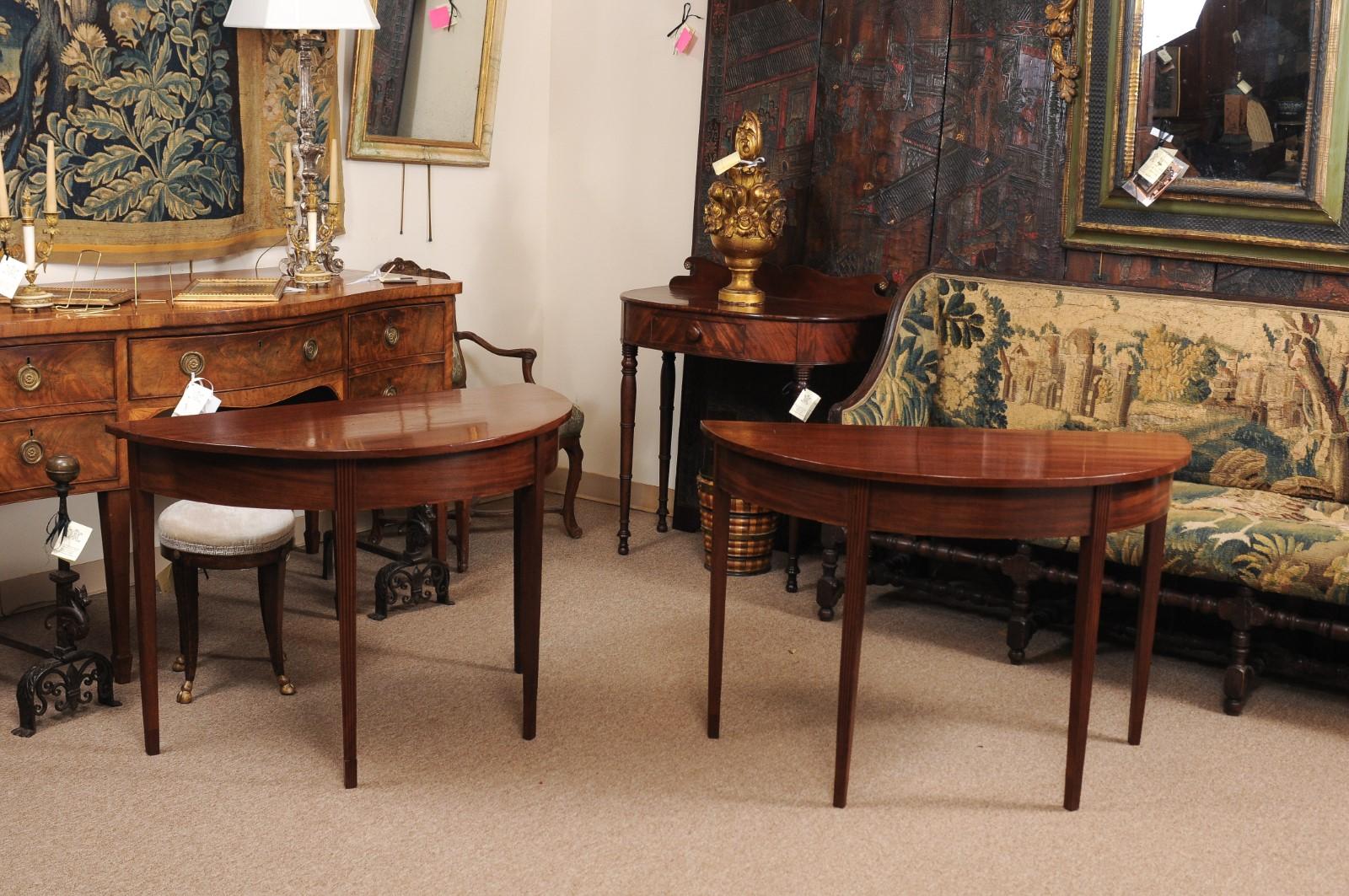 Pair of 19th Century English Demilune Console Tables in Mahogany In Good Condition In Atlanta, GA