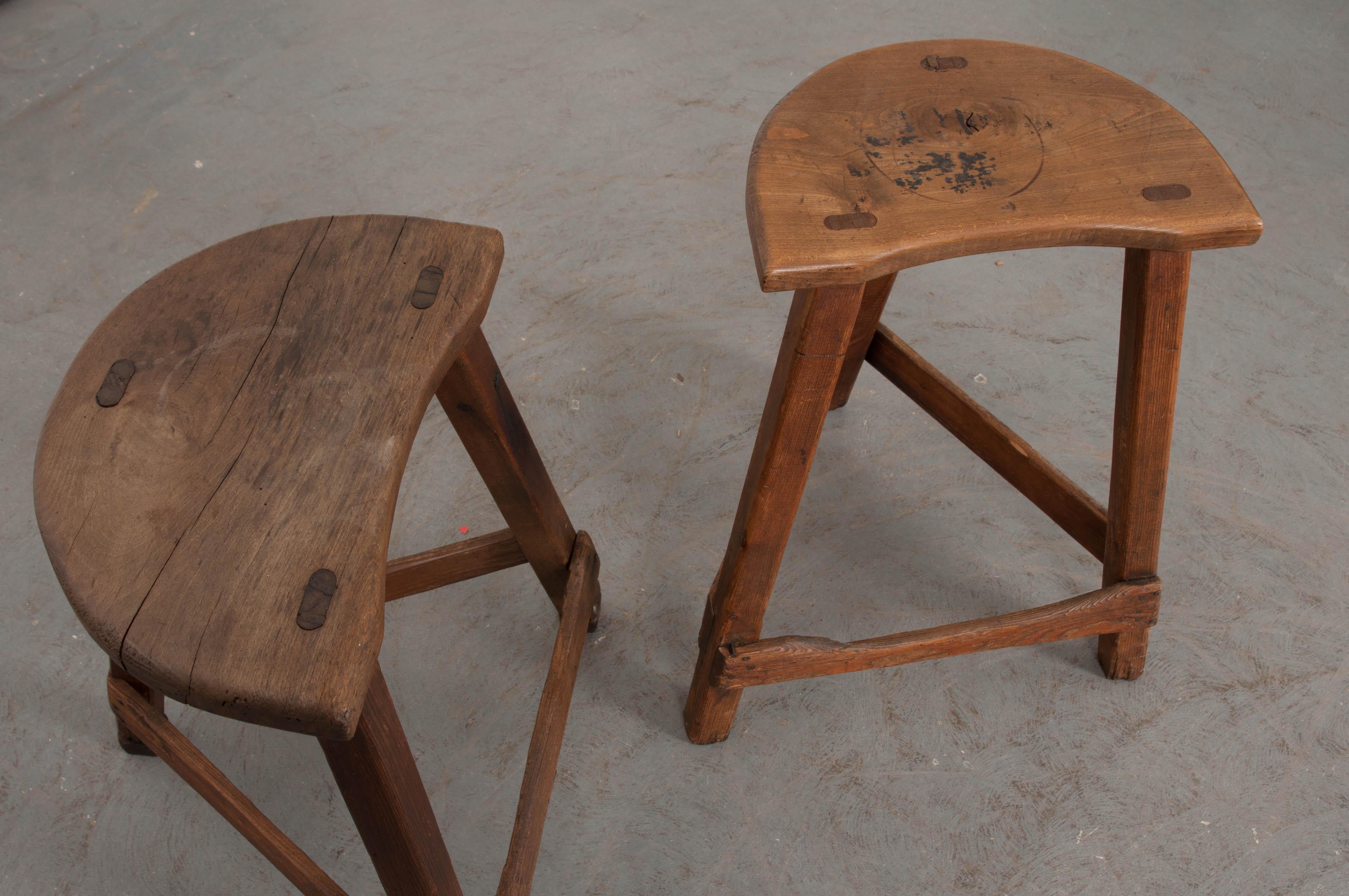 Country Pair of 19th Century English Elm and Pine Low Stools