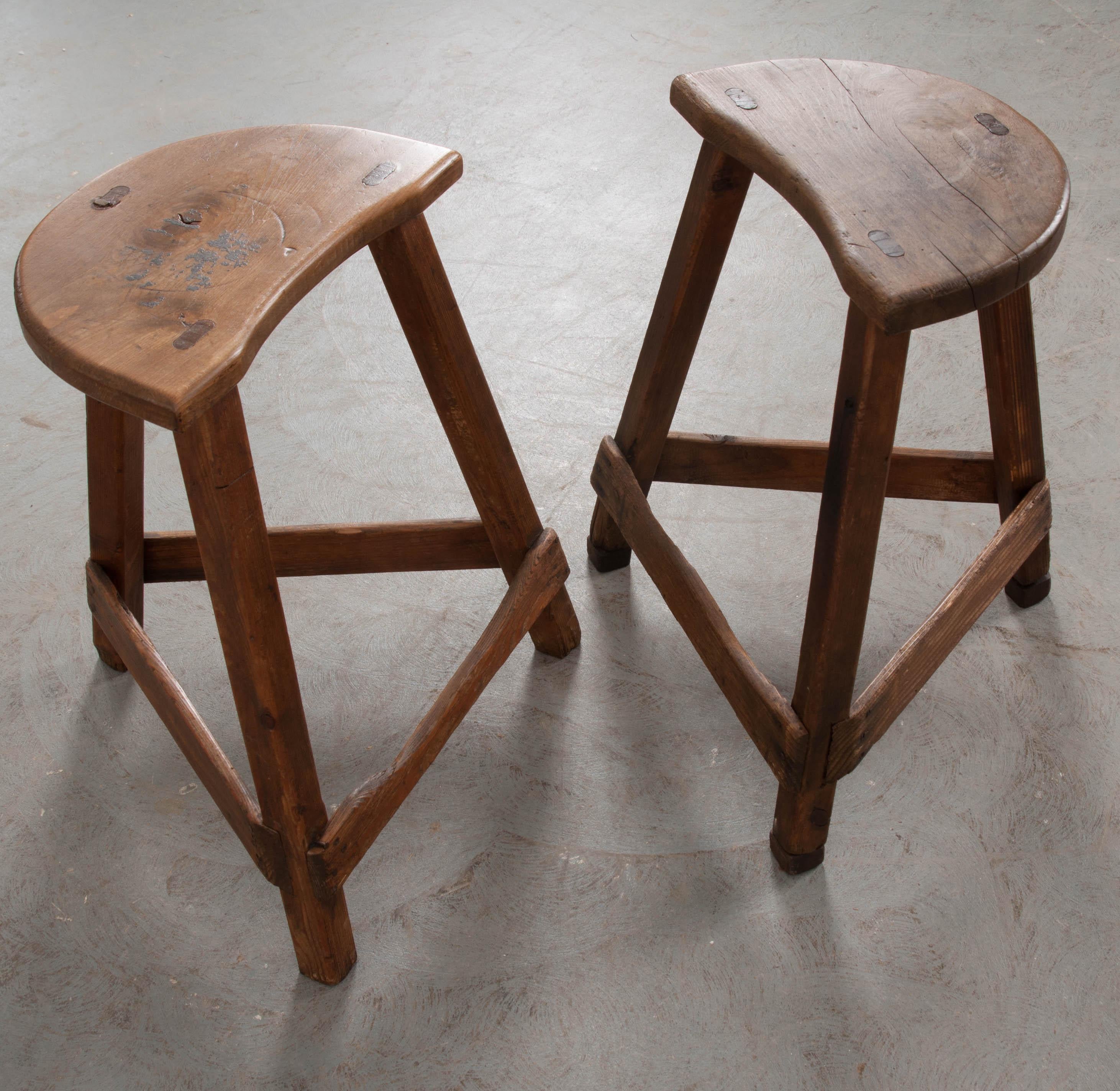 Patinated Pair of 19th Century English Elm and Pine Low Stools