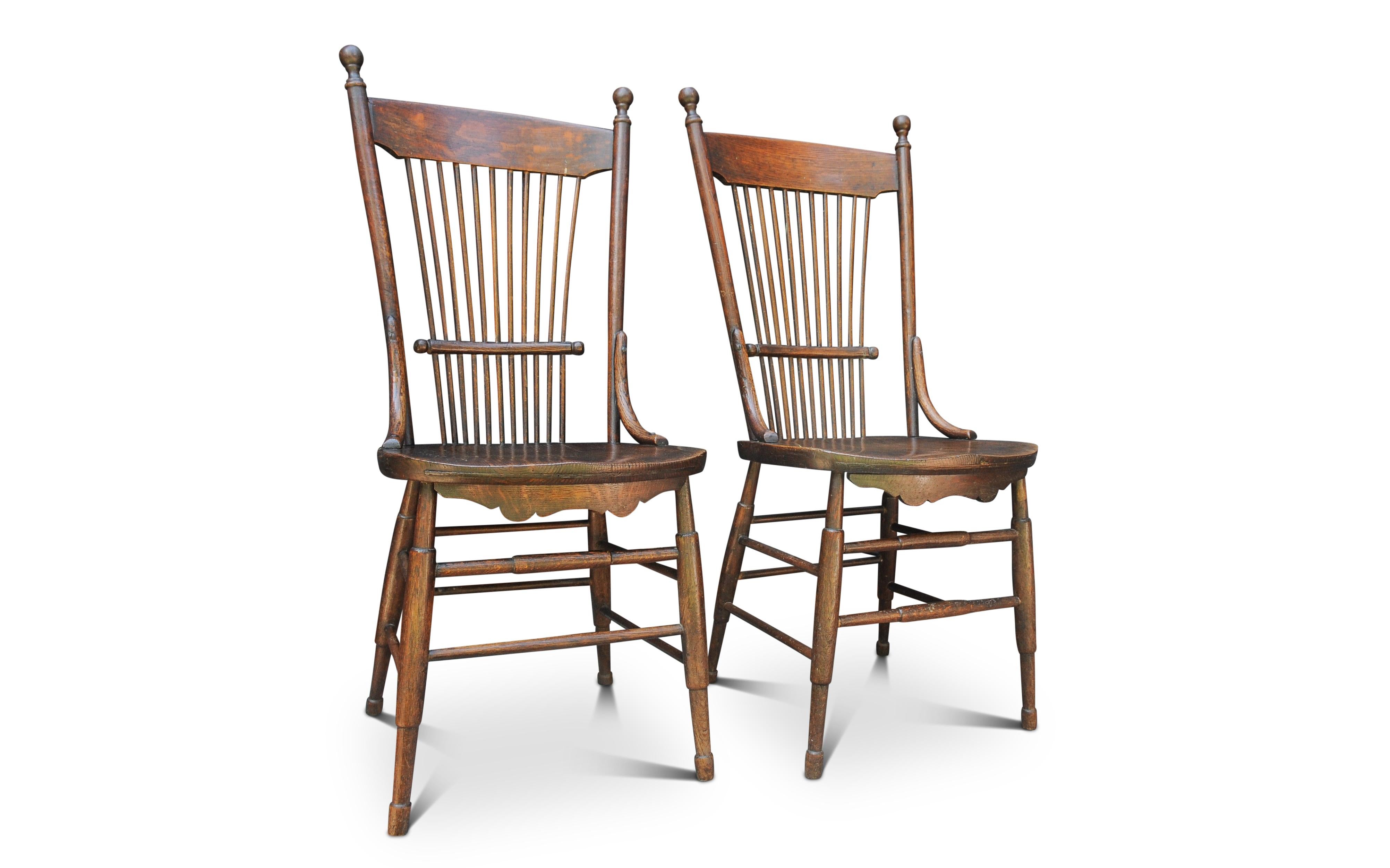 Victorian Pair of 19th Century English Elm & Beech Spindle Back Turned Hallway Chairs For Sale