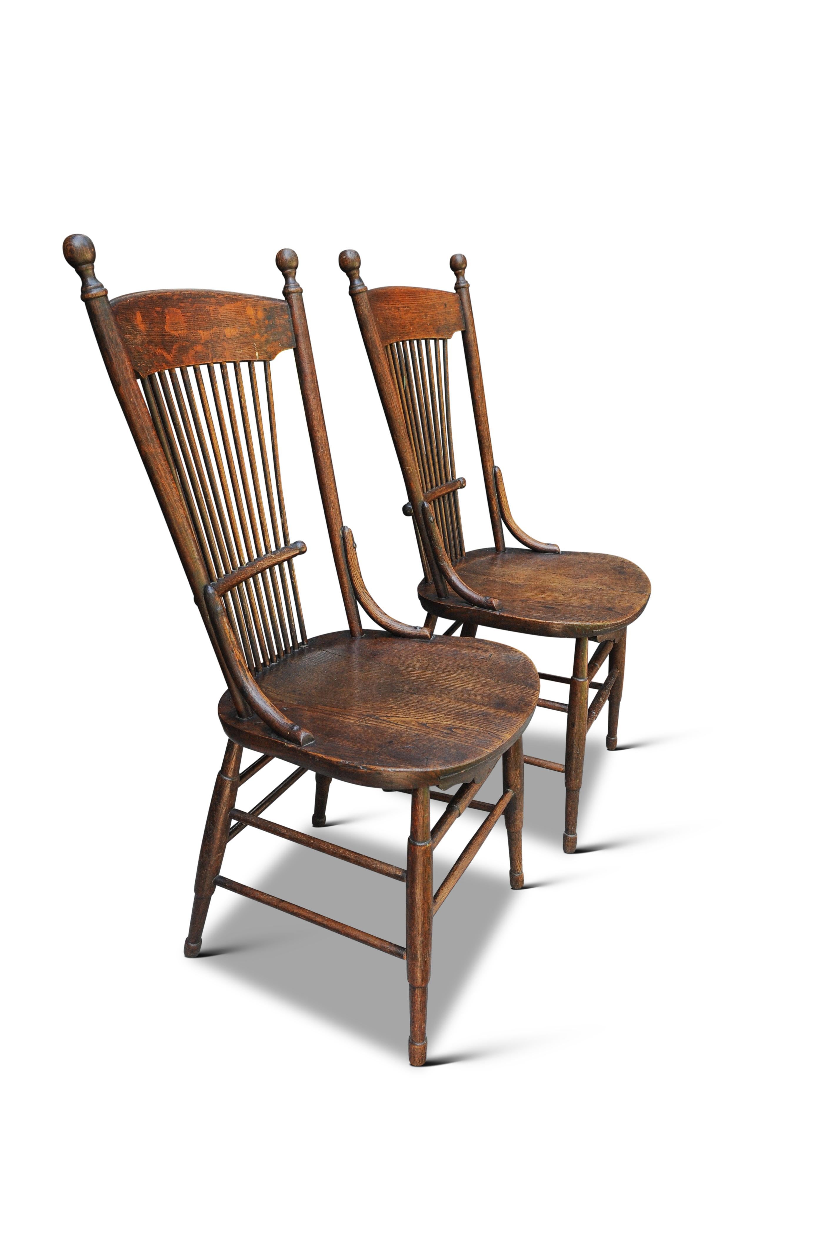 Hand-Crafted Pair of 19th Century English Elm & Beech Spindle Back Turned Hallway Chairs For Sale