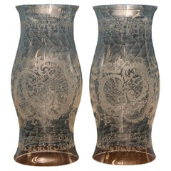 Pair of 19th Century English Etched Glass Hurricanes with Foliate Medallions