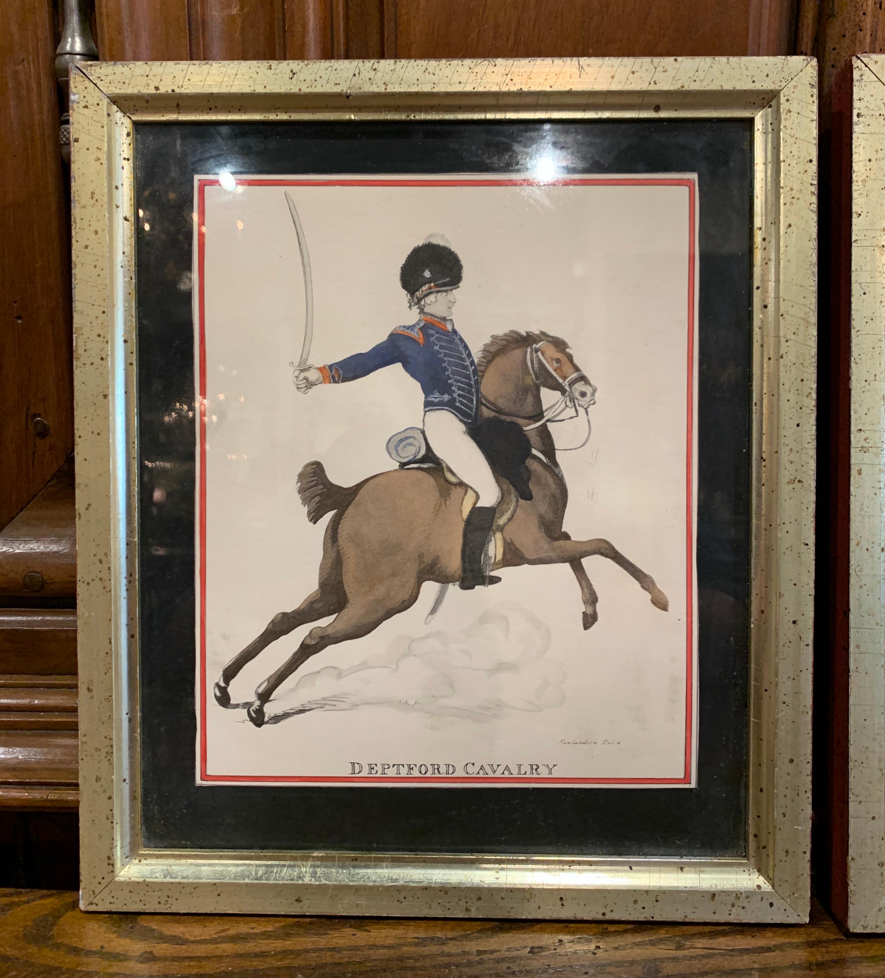 Decorate an office or study with this pair of antique framed watercolors. Painted in England circa 1870, each artwork is set in a gilt with silver frame and protected with glass. Each watercolor features an officer in uniform riding his horse. The