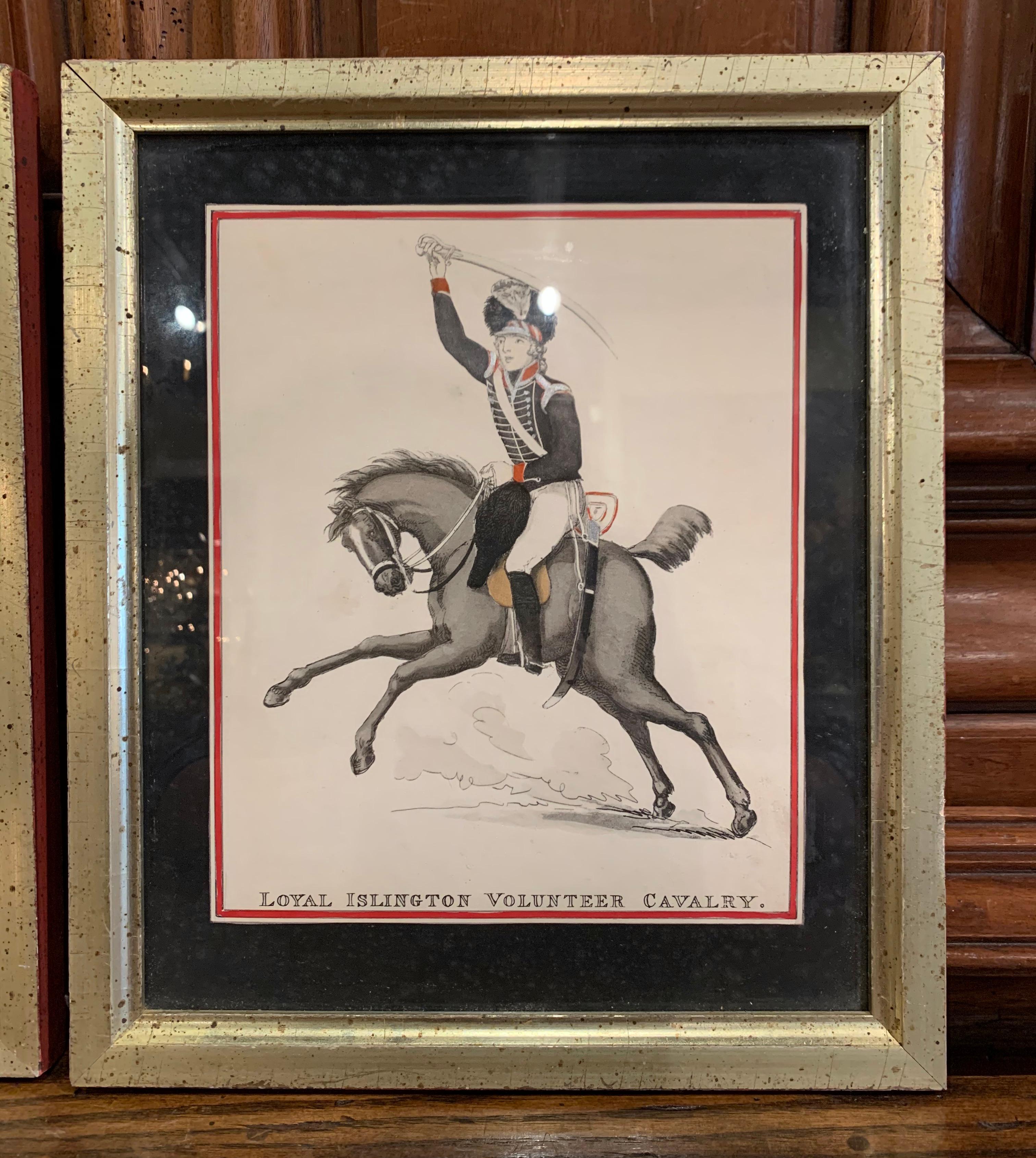 Silvered Pair of 19th Century English Framed Hand Painted Cavalry Watercolors