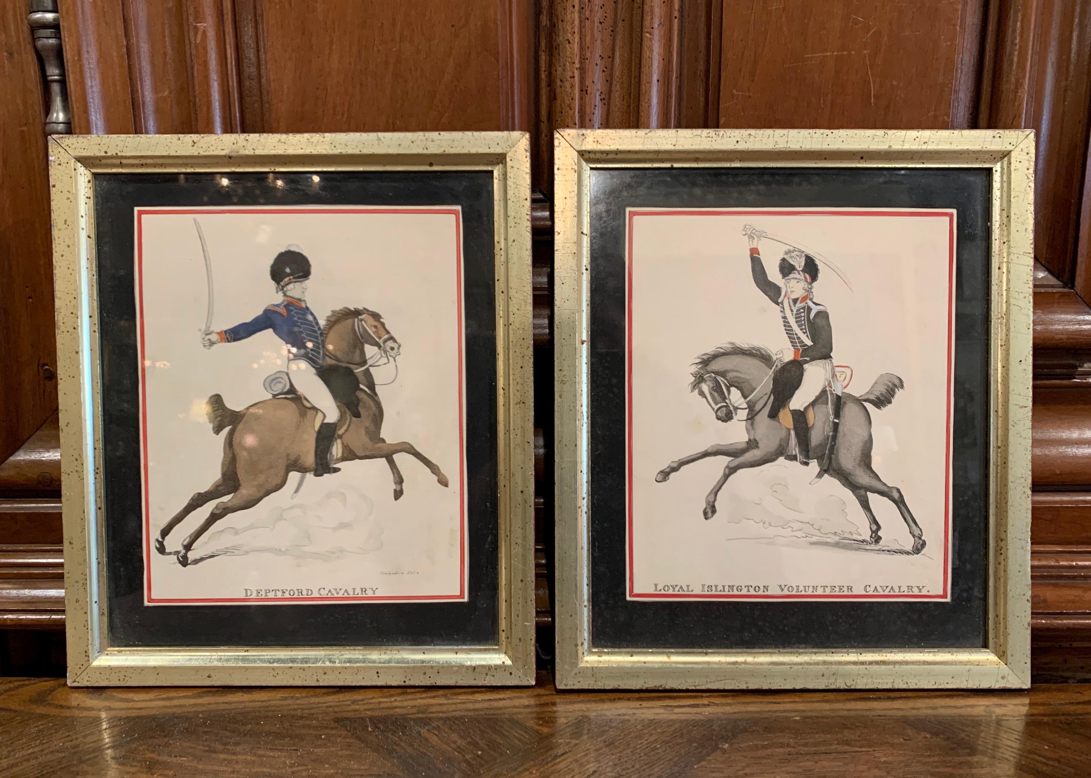Pair of 19th Century English Framed Hand Painted Cavalry Watercolors In Excellent Condition In Dallas, TX