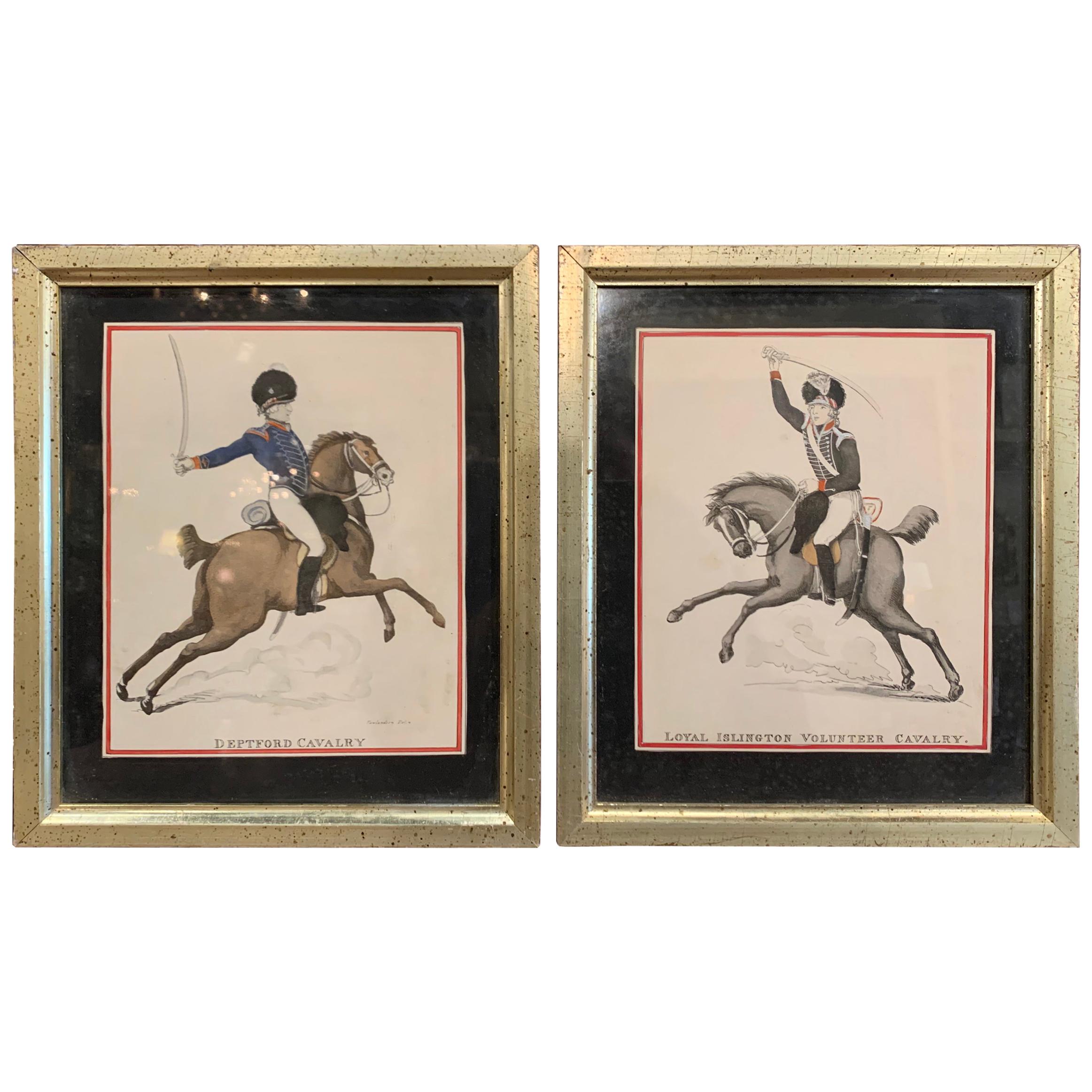 Pair of 19th Century English Framed Hand Painted Cavalry Watercolors
