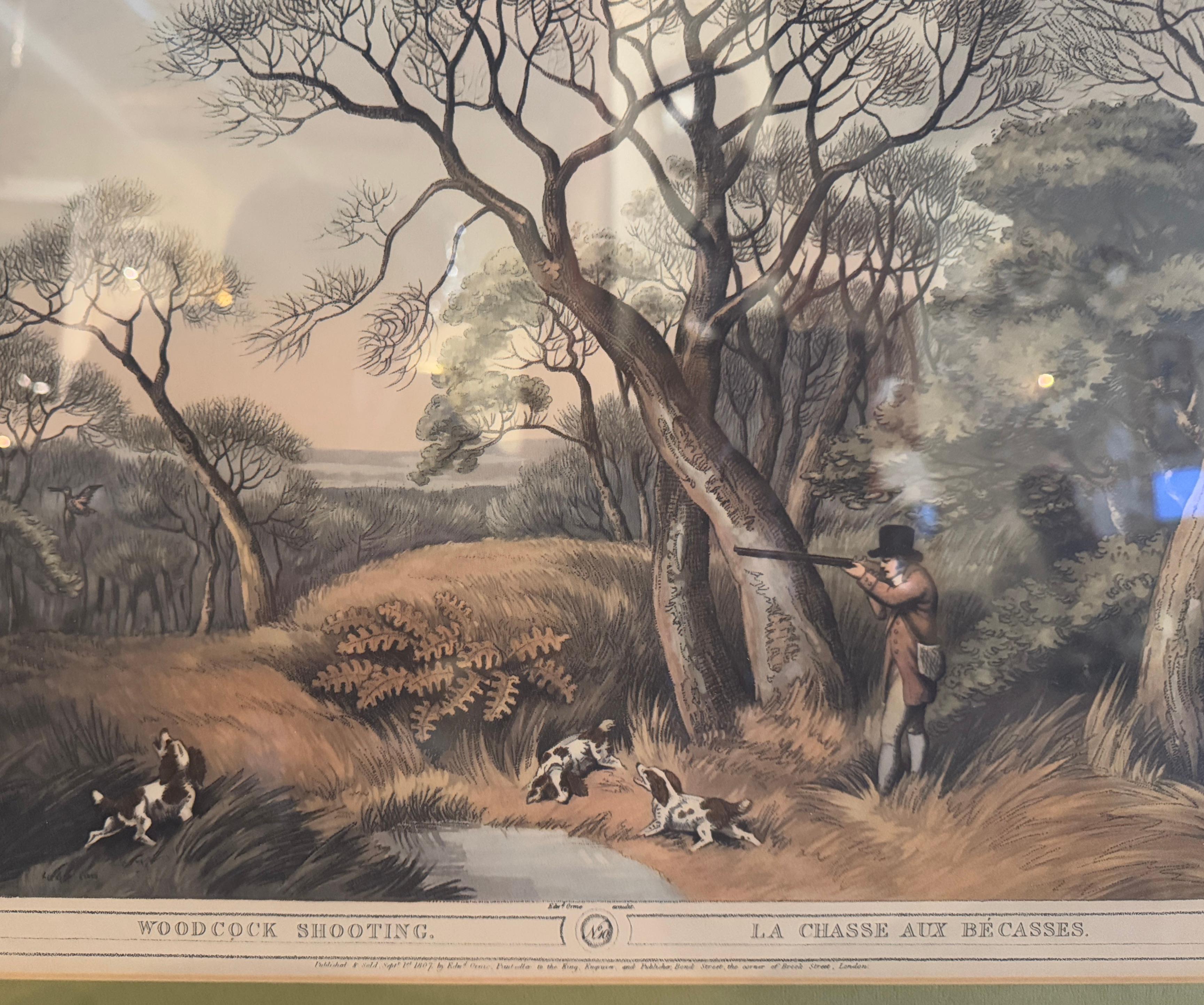 XIXe siècle Paire d'estampes colorées anglaises du 19ème siècle encadrées de paon et de pichet de chasse