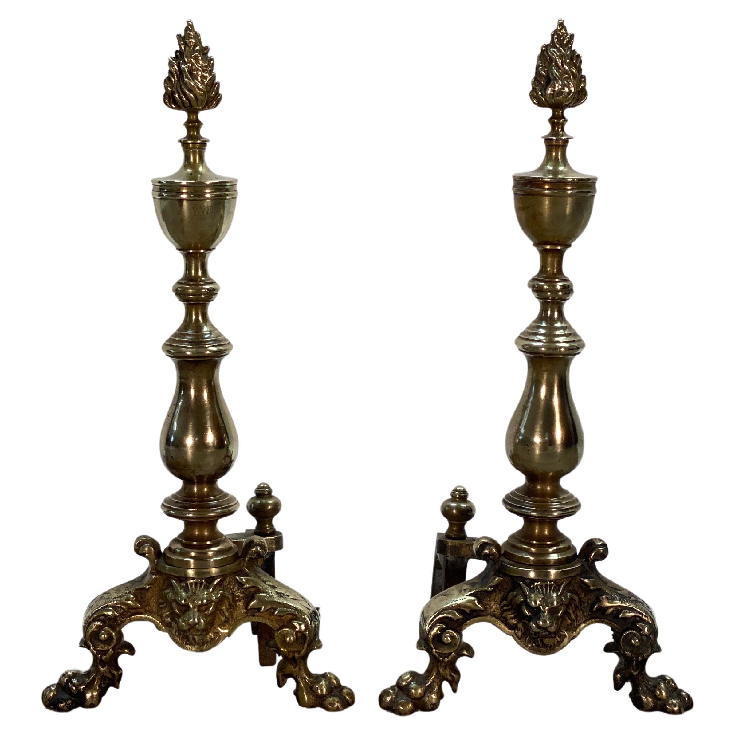 Pair of 19th Century English George IV Brass Andirons