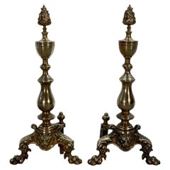 Antique Pair of 19th Century English George IV Brass Andirons