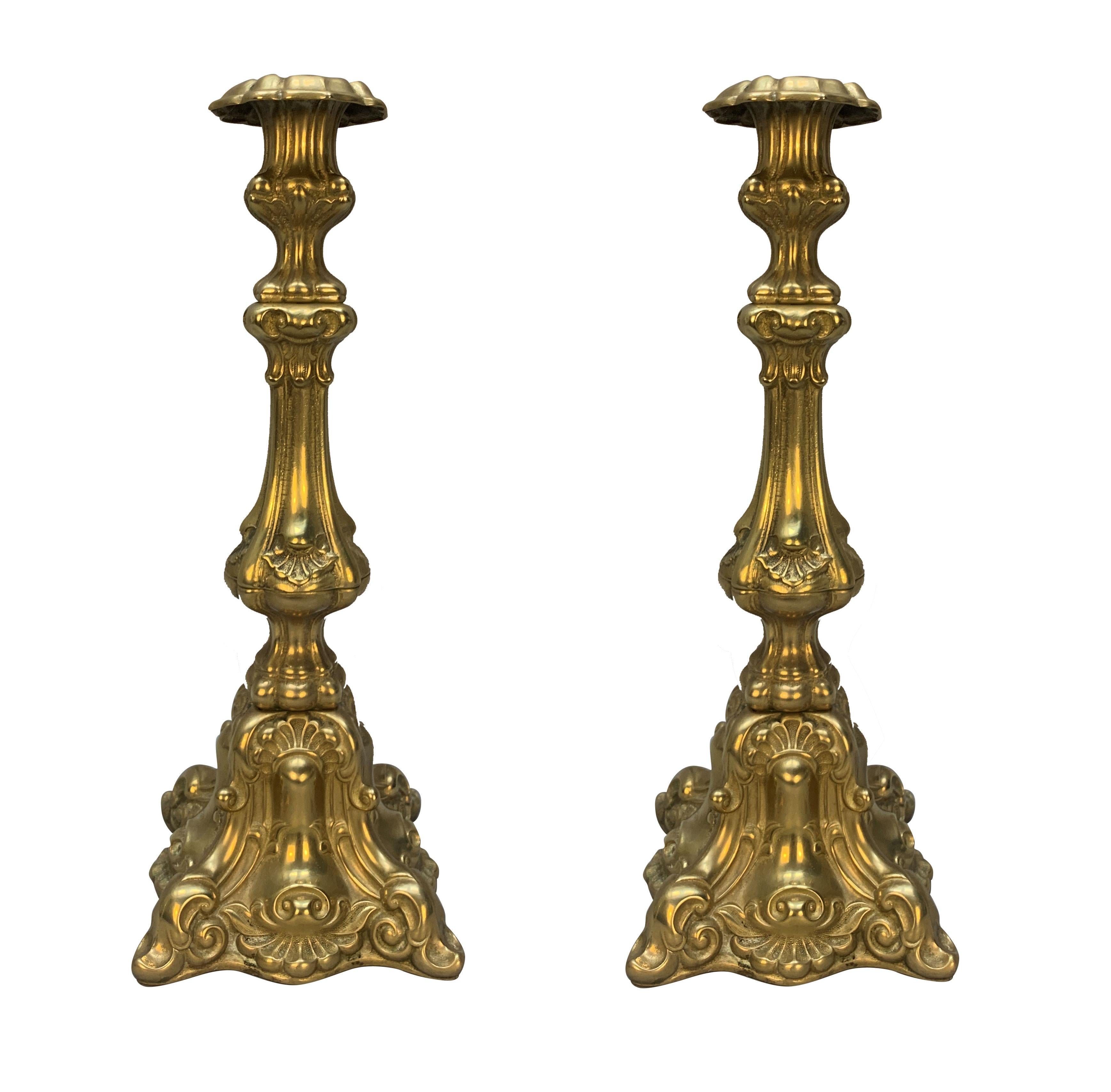 Pair Of 19th Century English Gilt Brass Candlesticks For Sale