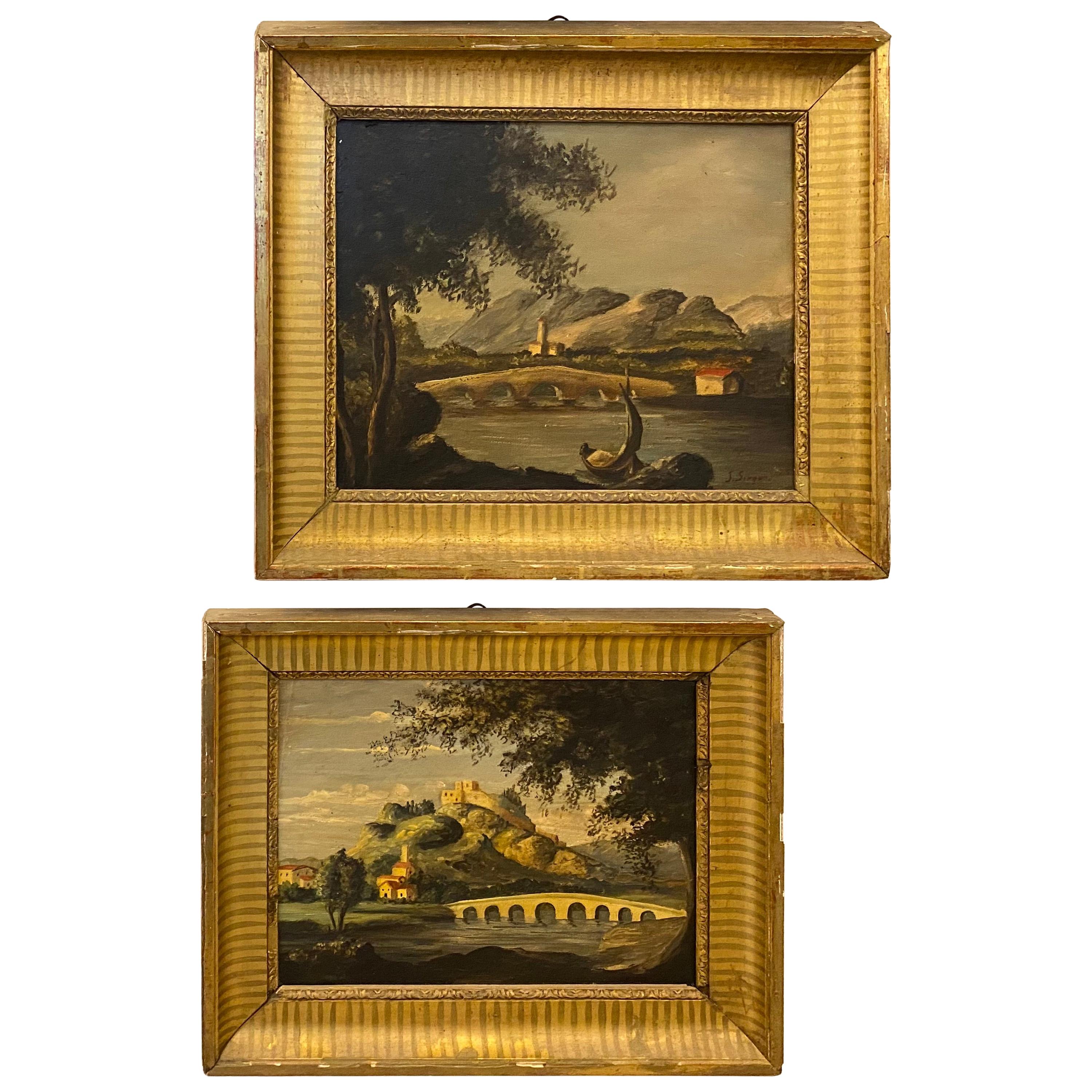 Pair of 19th Century English Giltwood Framed Oil on Canvas Landscapes