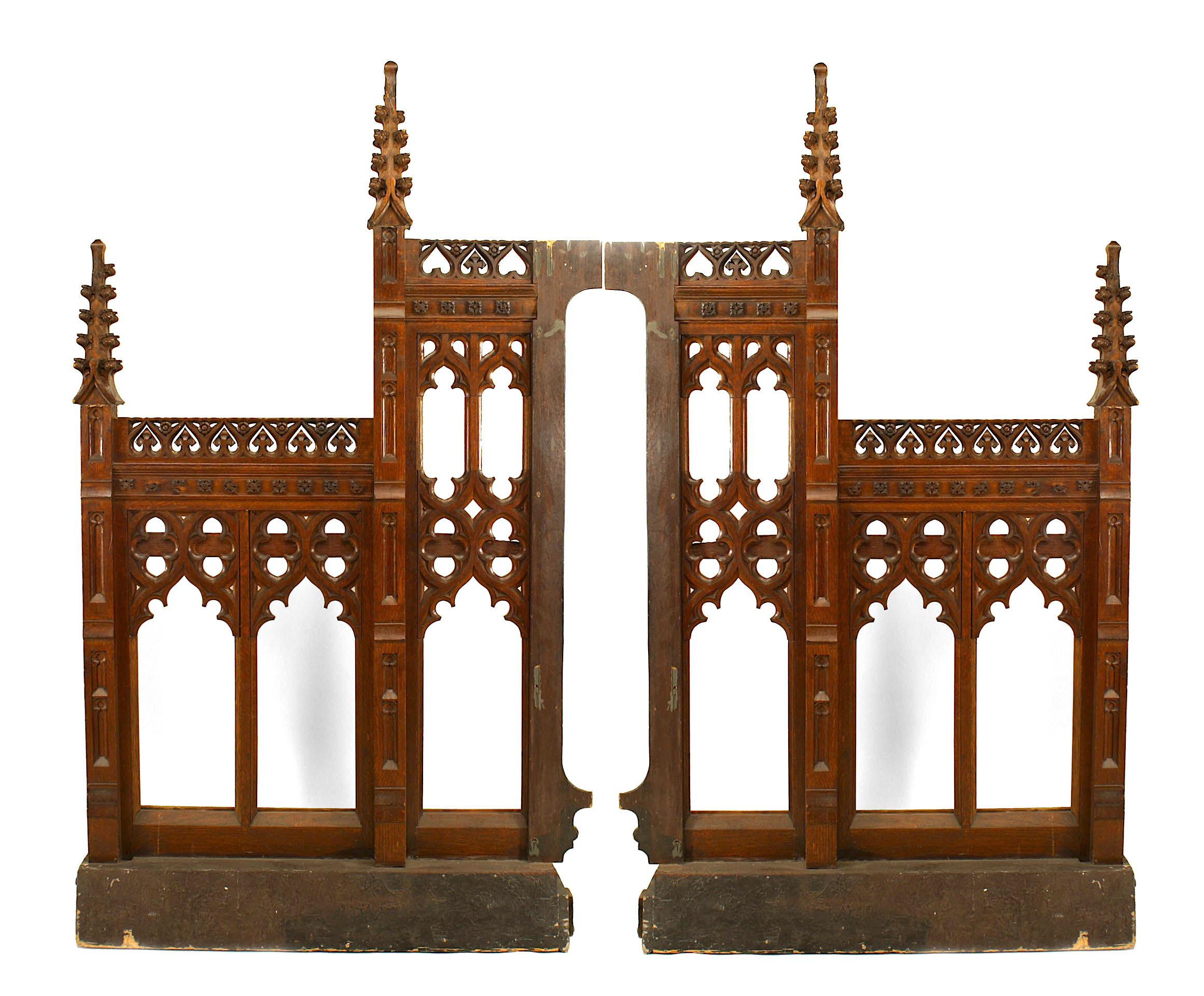Pair of English Gothic Revival style (19th Century) oak carved railing panels with open design and finial (PRICED AS Pair).
