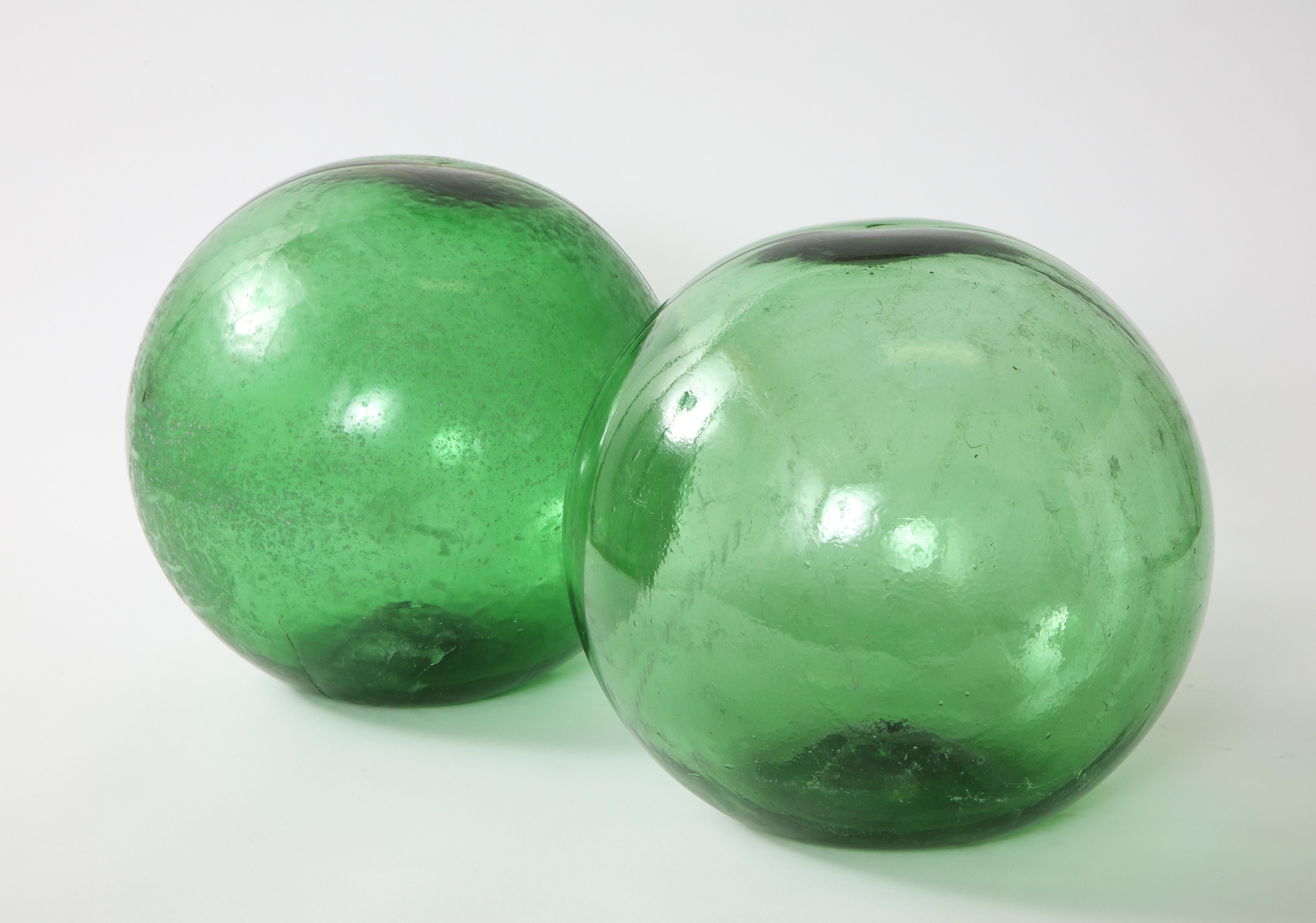 Pair of 19th Century English Green Hand Blown Glass Orbs 10