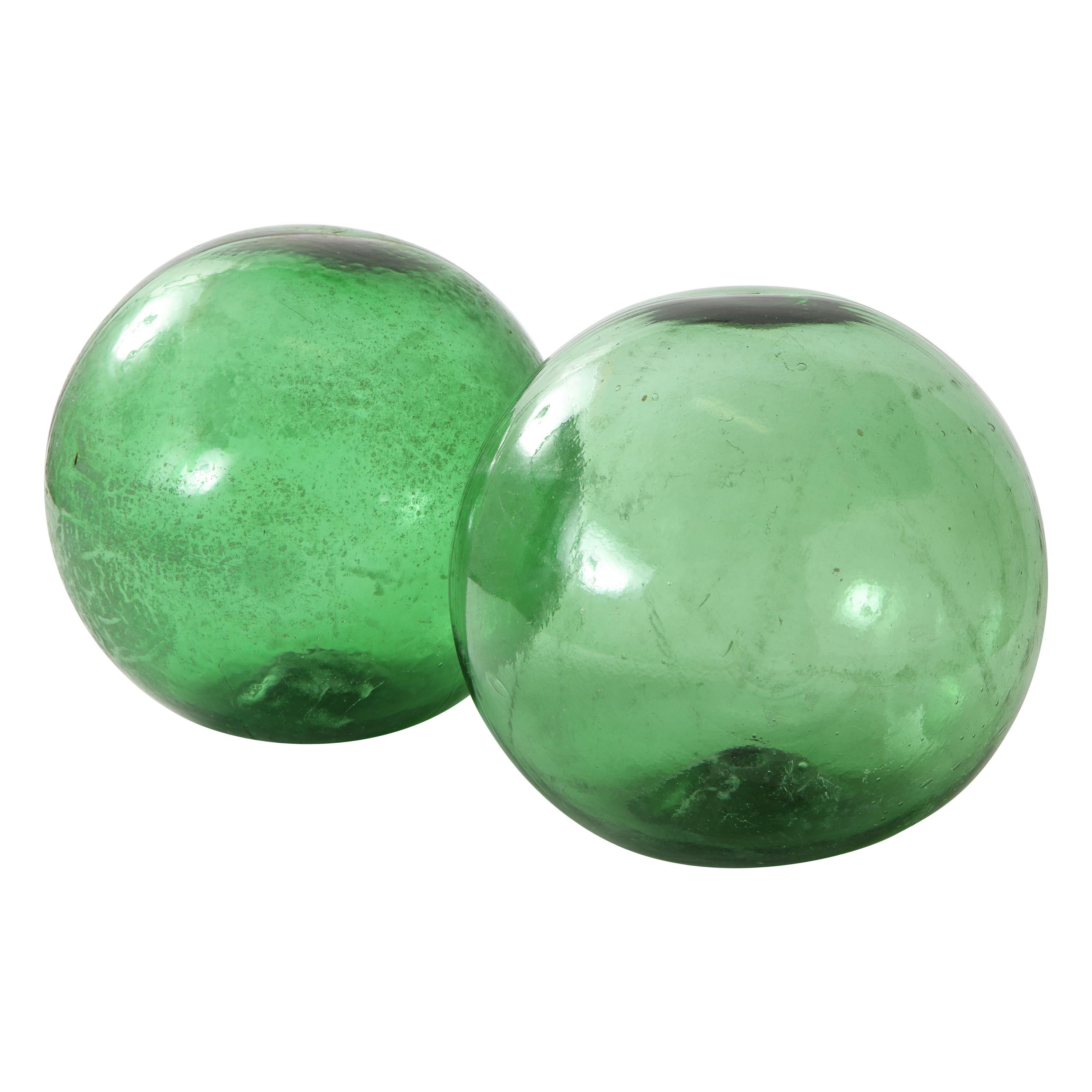 Pair of 19th Century English Green Hand Blown Glass Orbs
