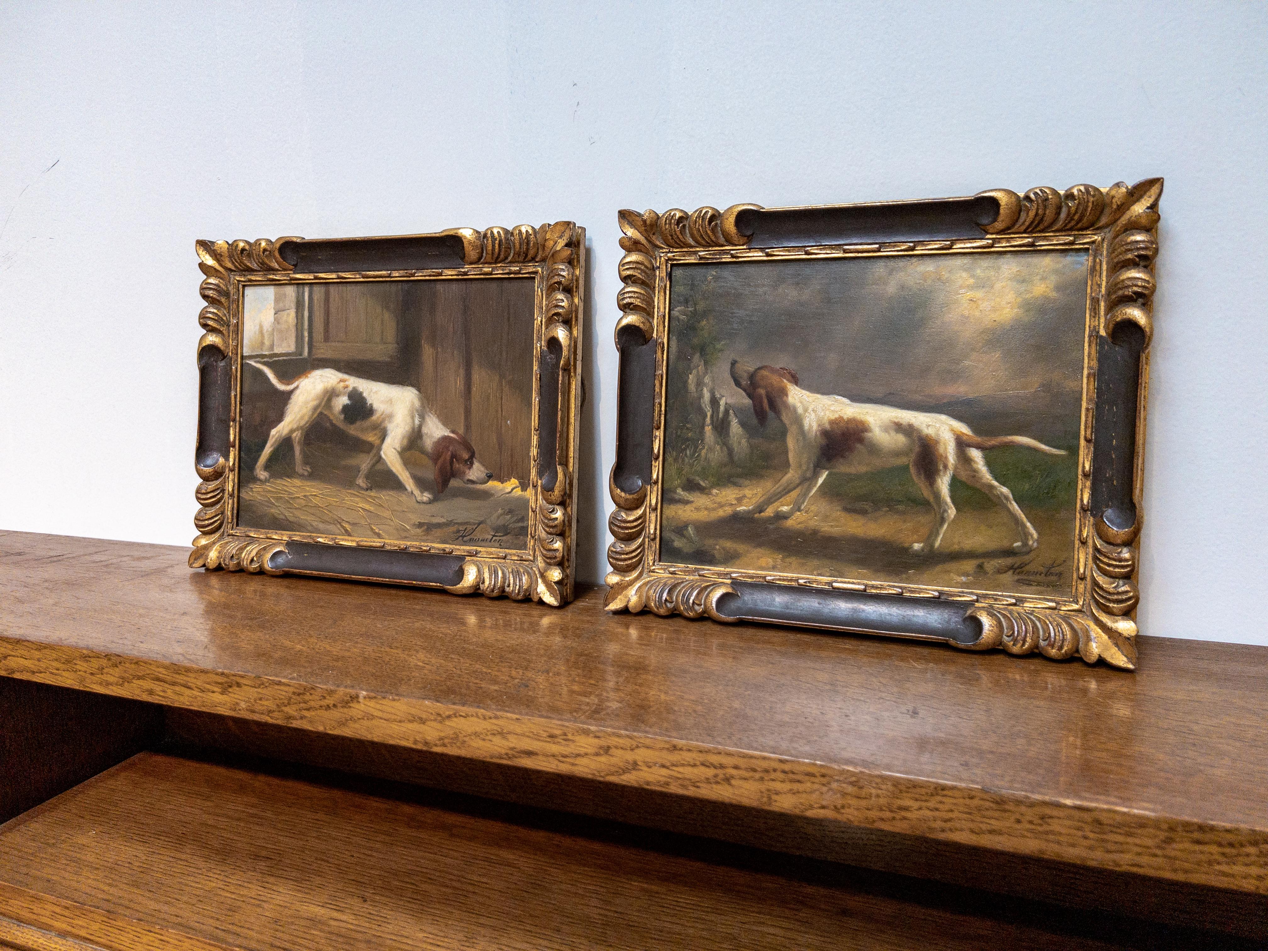 Painted Pair of 19th Century English Hound Dog Paintings in Carved Gilt Frames