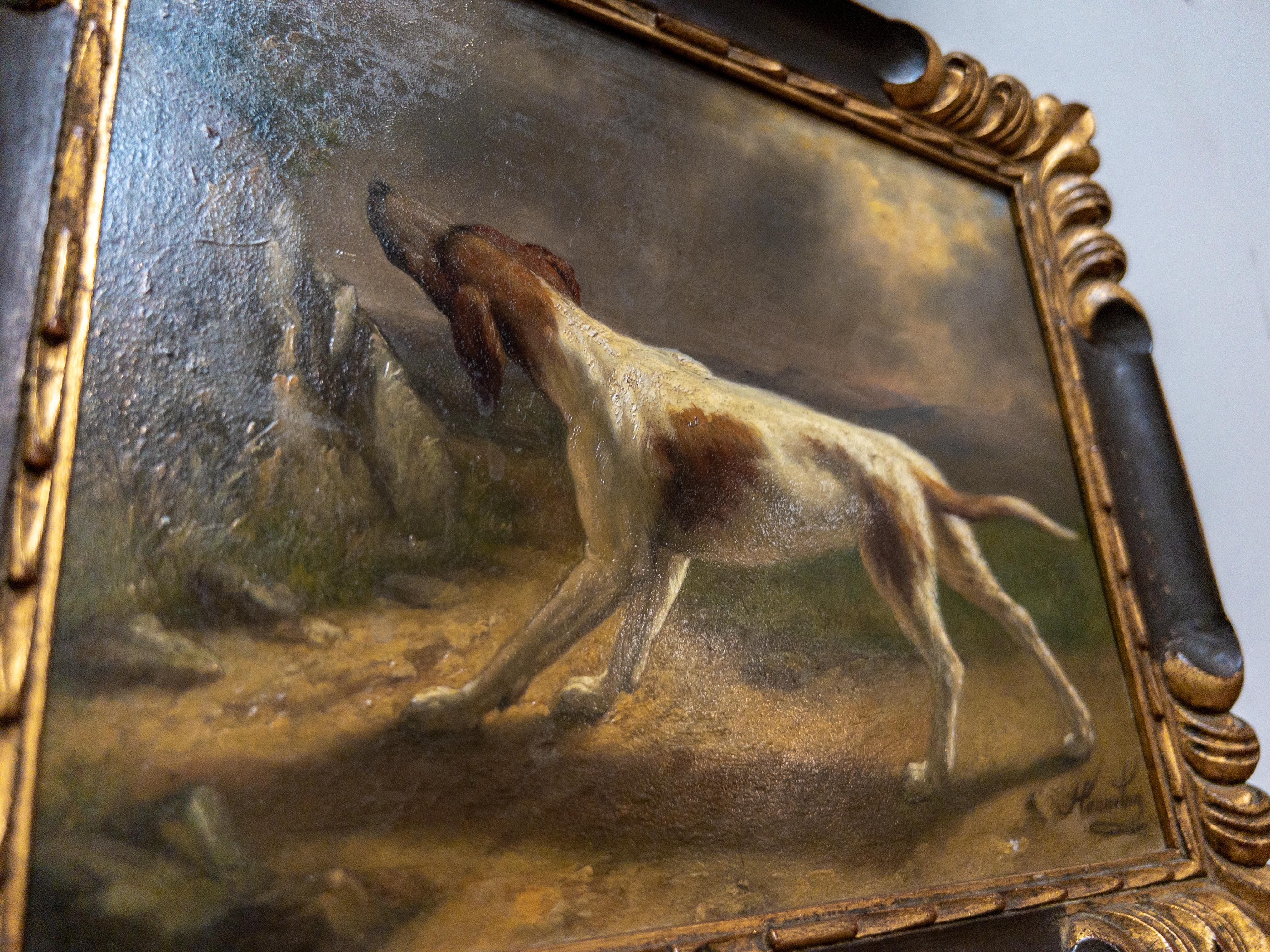 Pair of 19th Century English Hound Dog Paintings in Carved Gilt Frames In Good Condition In Houston, TX