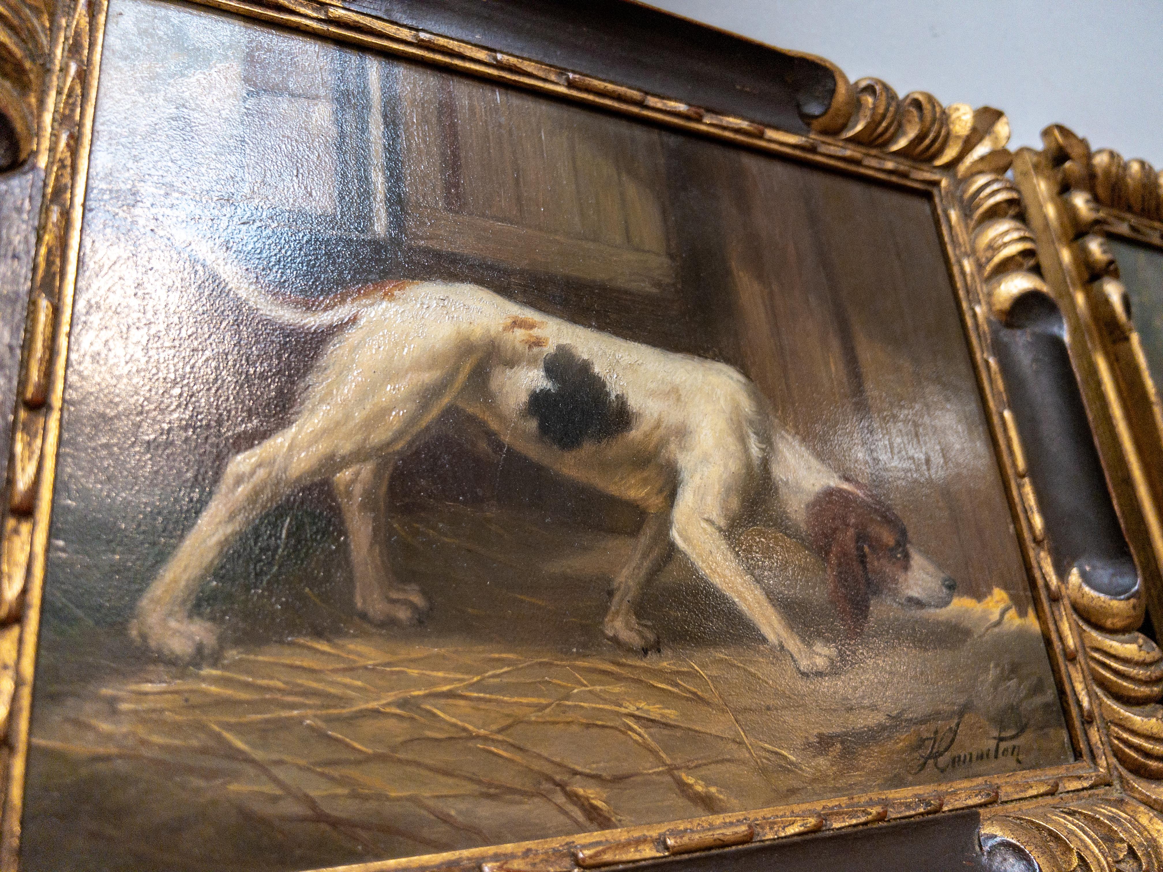 Canvas Pair of 19th Century English Hound Dog Paintings in Carved Gilt Frames