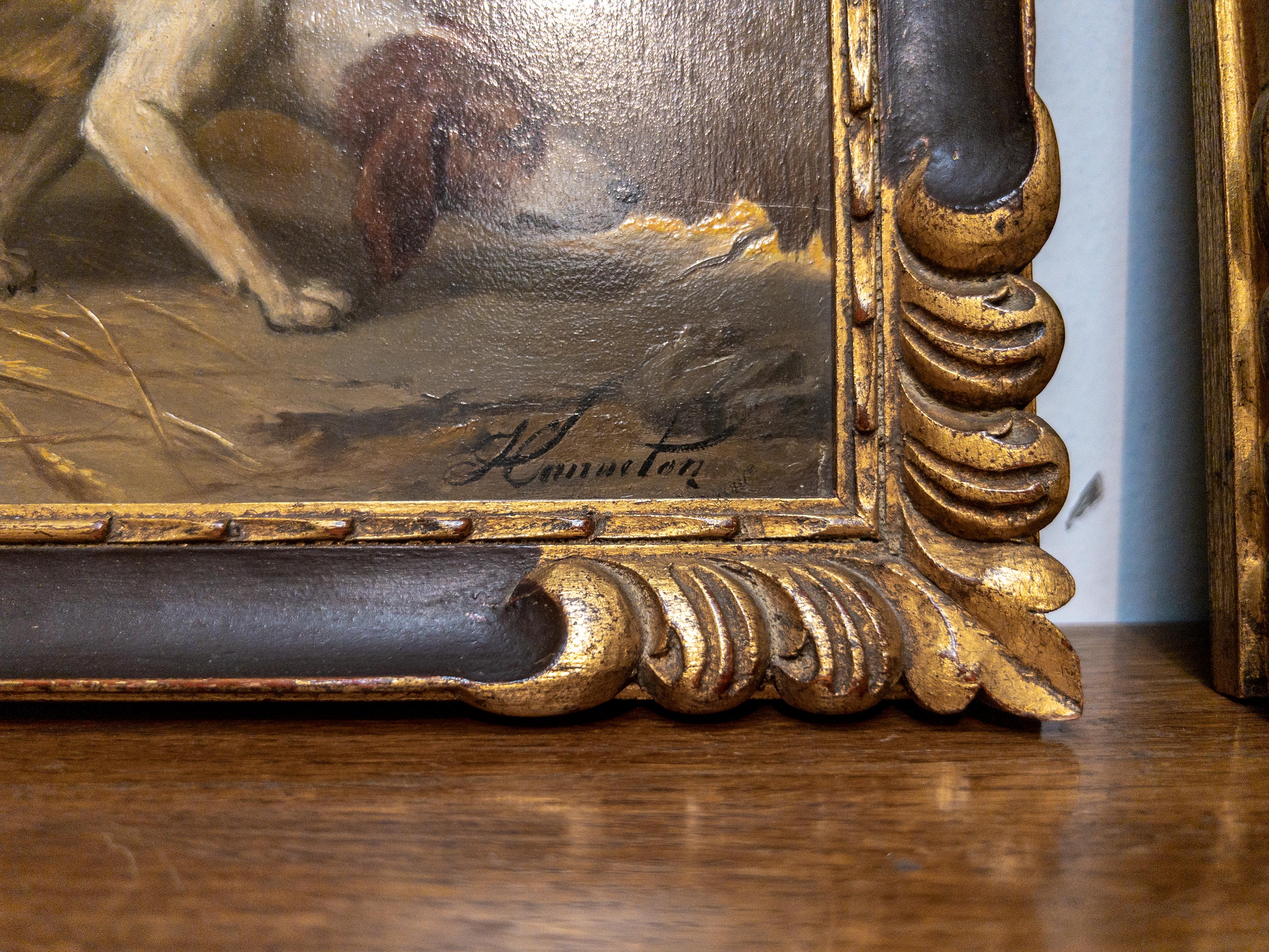 Pair of 19th Century English Hound Dog Paintings in Carved Gilt Frames 1
