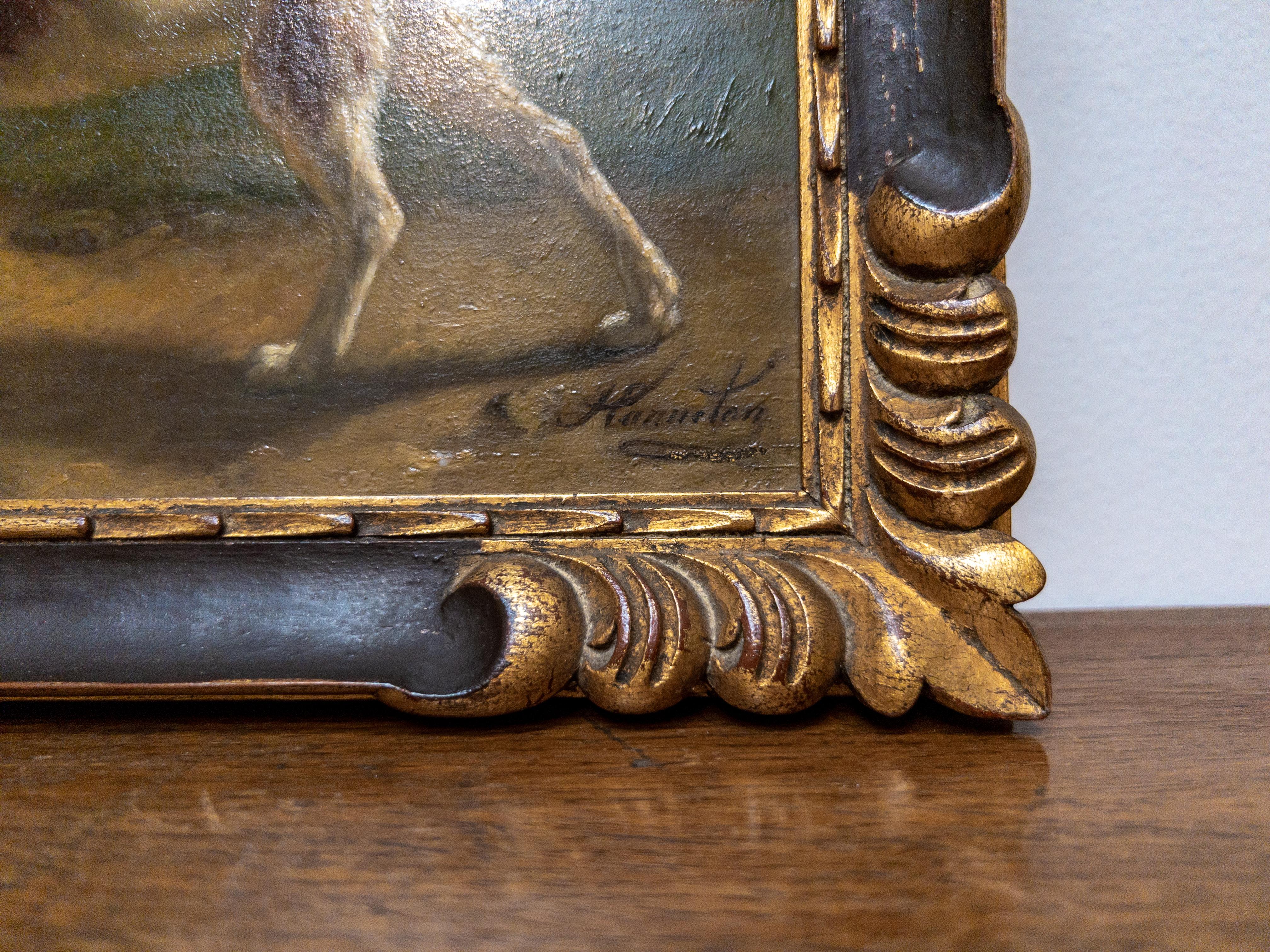 Pair of 19th Century English Hound Dog Paintings in Carved Gilt Frames 2