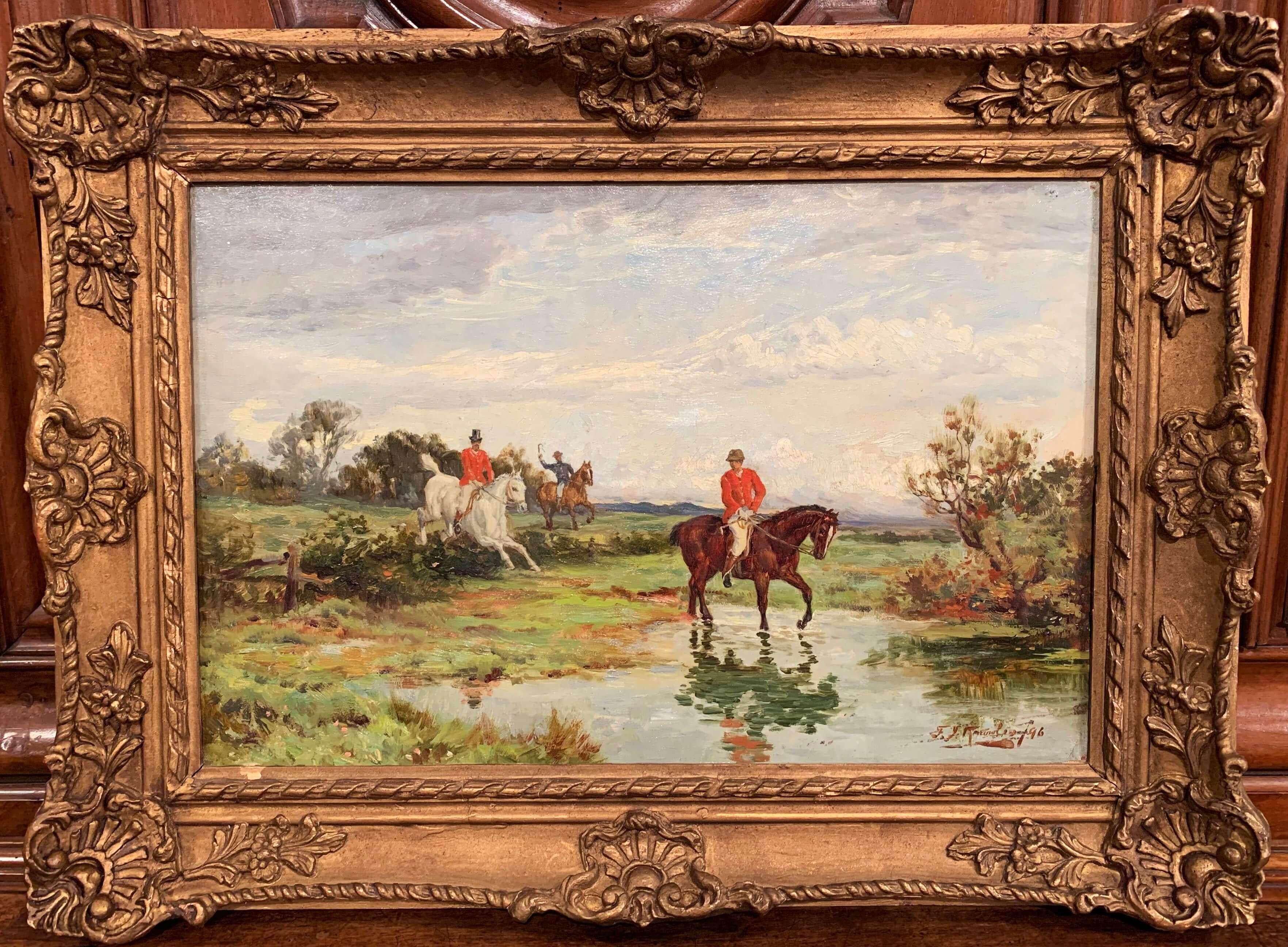 Transport yourself to the English countryside with this pair of 19th century oil on canvas paintings. Set in their original carved gilt frames, the scenes depict two hunt scenes with riders and horses on a hunt. Both of the Classic artworks are