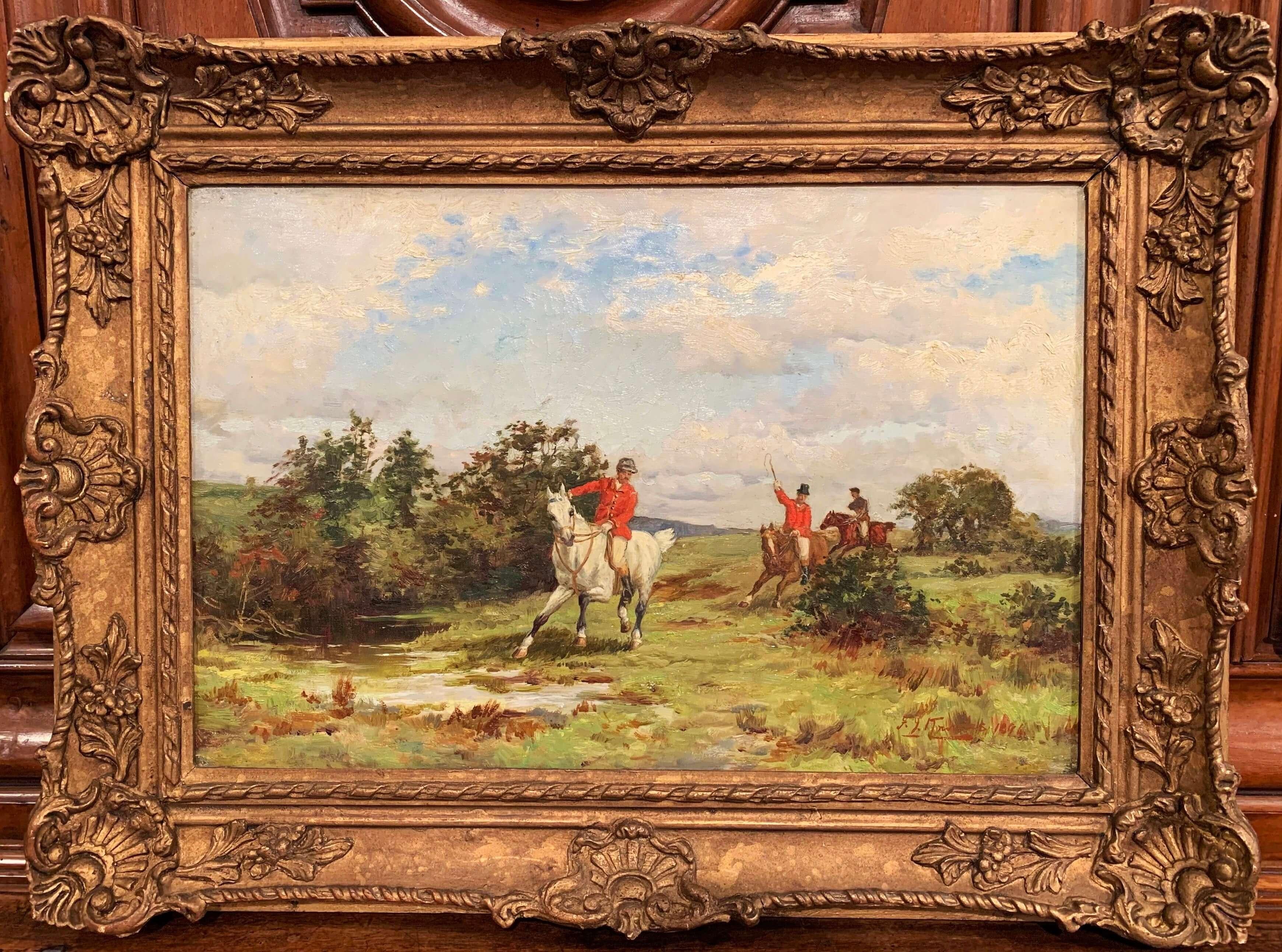 Pair of 19th Century English Hunt Scenes in Carved Frames Signed F. J. Knowles 1