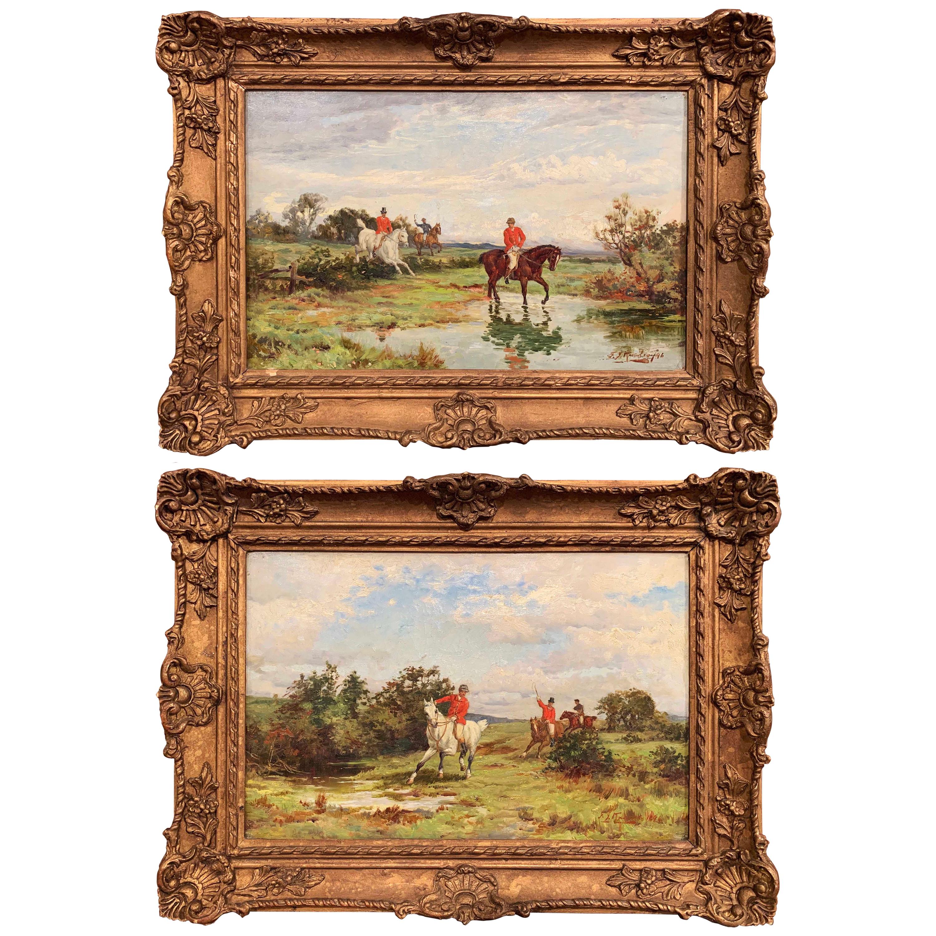 Pair of 19th Century English Hunt Scenes in Carved Frames Signed F. J. Knowles