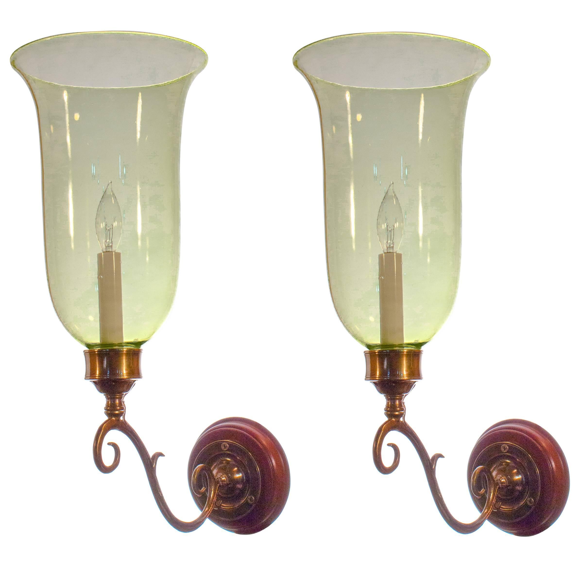 Pair of 19th Century English Hurricane Shade Sconces with Vaseline Tint