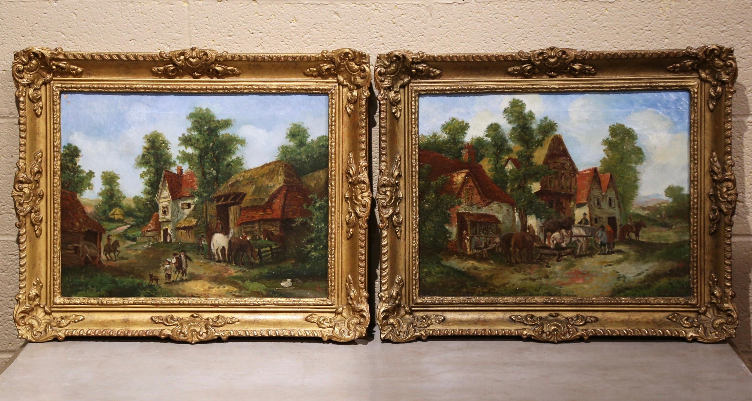 Gilt Pair of 19th Century English Landscape Oil on Canvas Paintings Signed Rogers