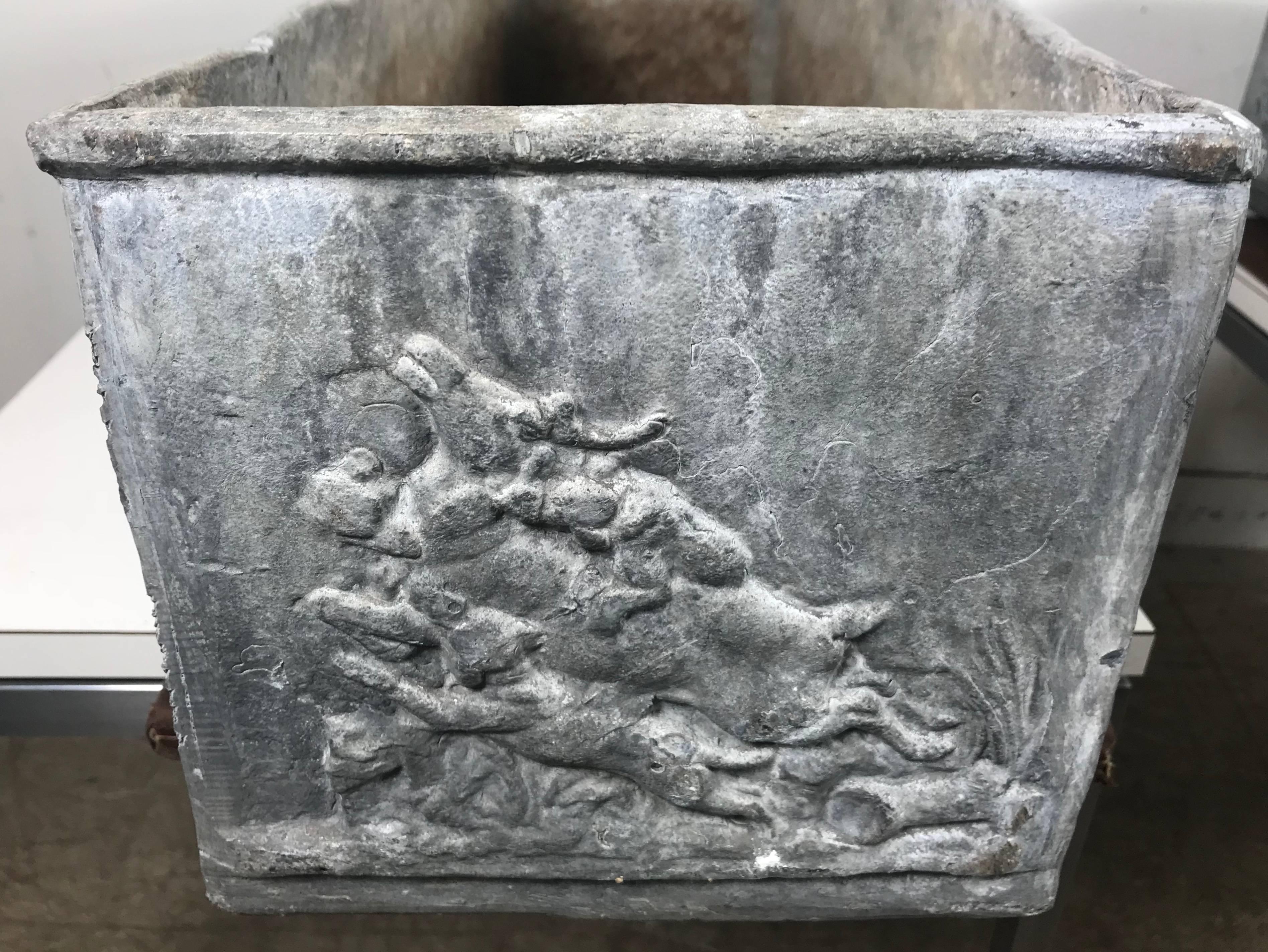 Pair of 19th Century English Lead Cistern Planters with Classical Figural Relief 1