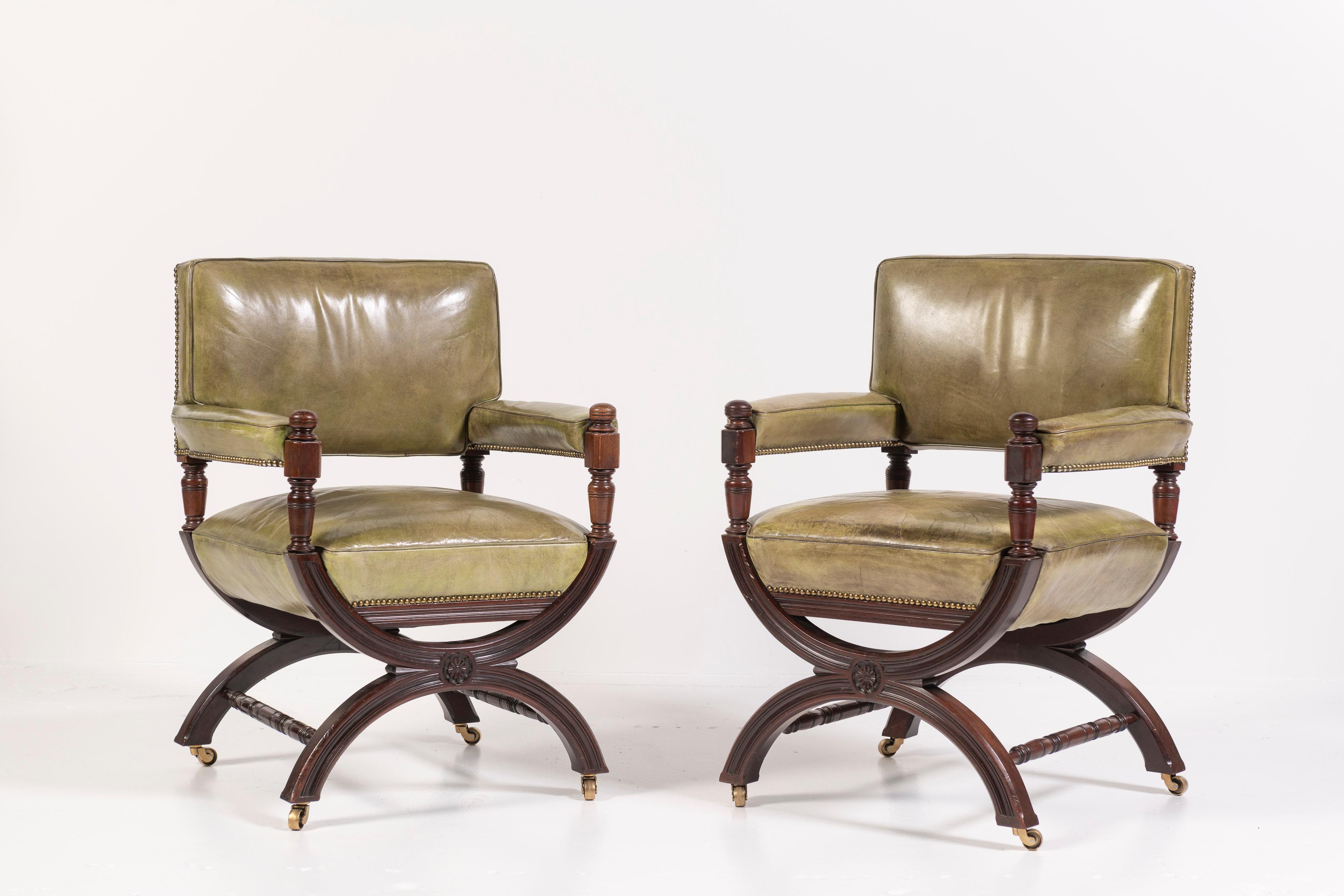 Pair of 19th Century English Leather and Mahogany Armchairs For Sale 8