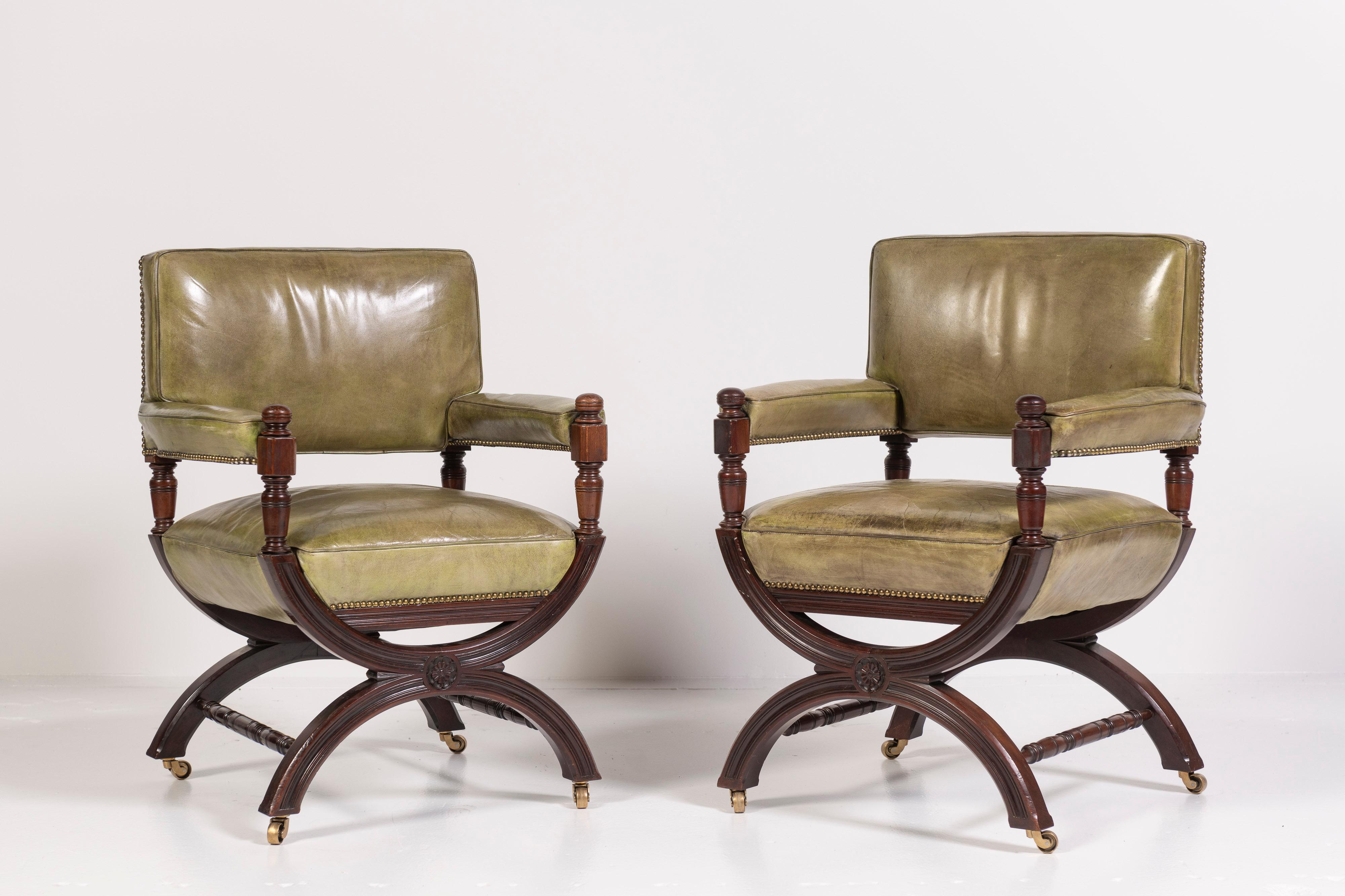 Pair of 19th Century English Leather and Mahogany Armchairs For Sale 9