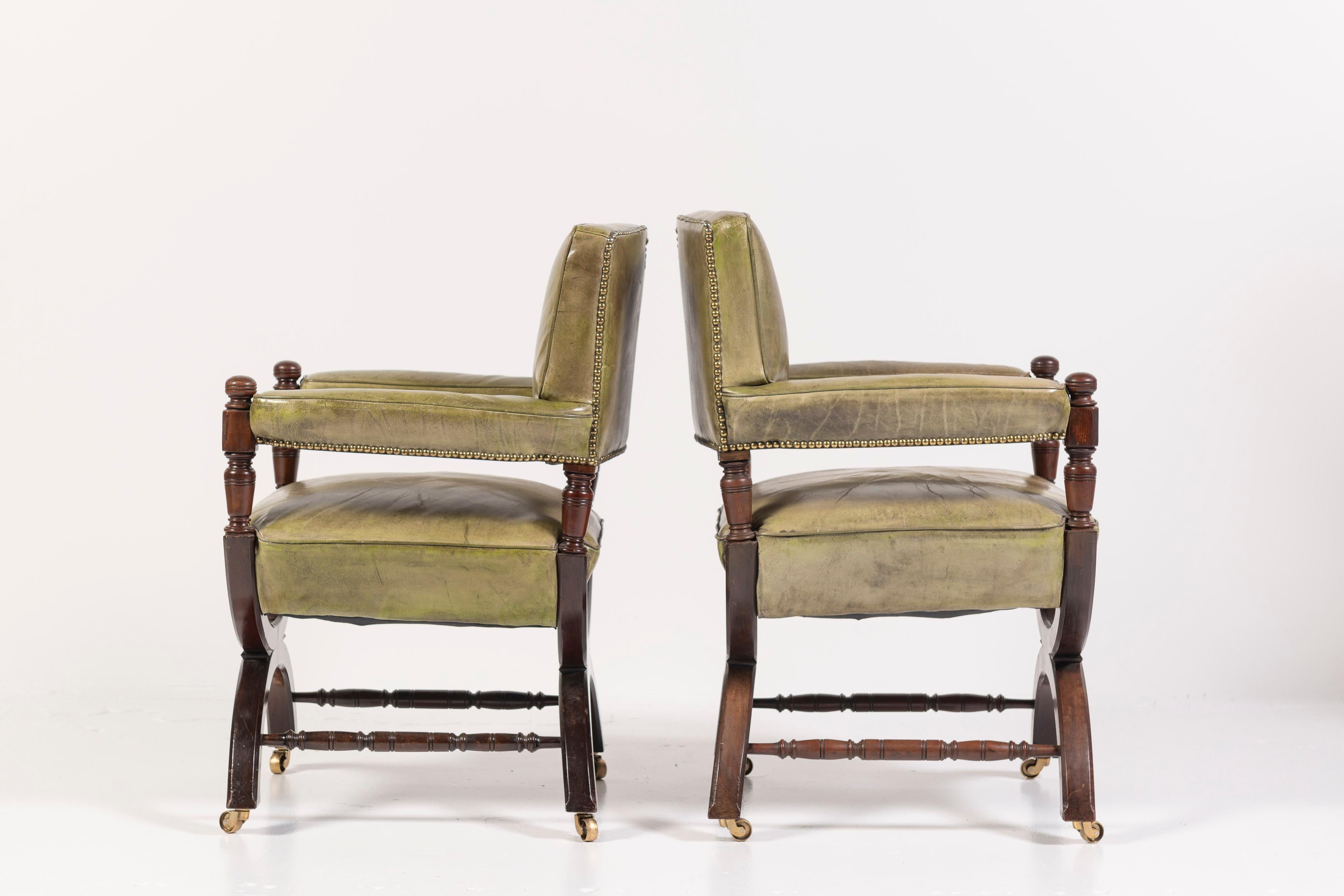 Pair of 19th Century English Leather and Mahogany Armchairs For Sale 2