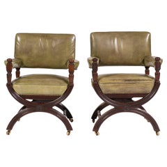 Antique Pair of 19th Century English Leather and Mahogany Armchairs